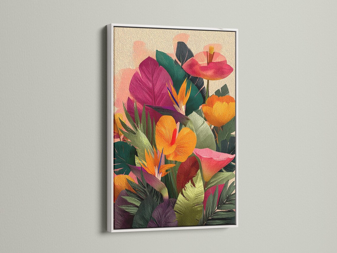 Tropical floral artwork mockup displayed on a wall with framed options shown