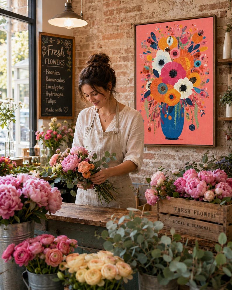 Stylised floral bouquet with large pink flowers in a blue vase on a coral background