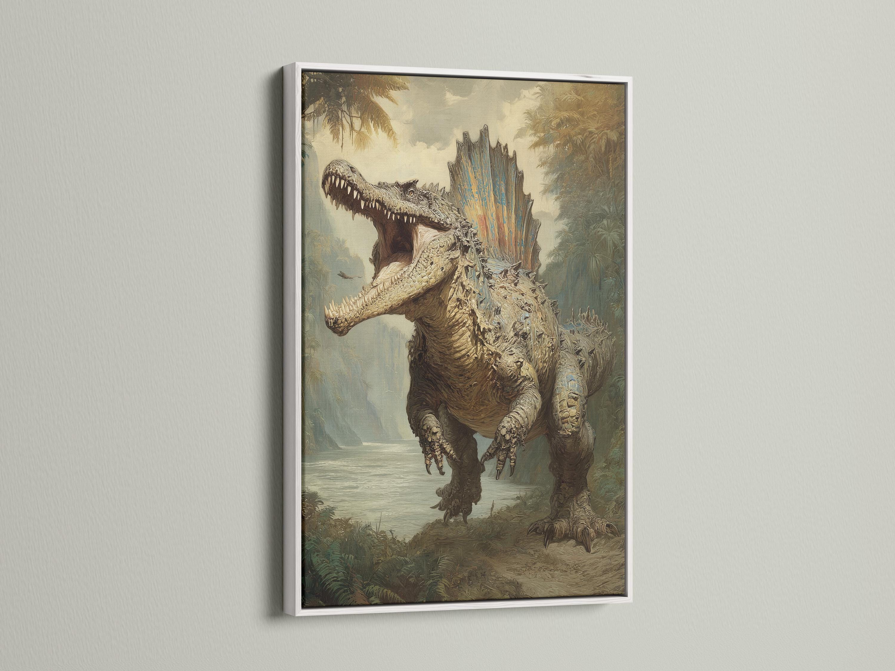 Prehistoric dinosaur artwork with open mouth in a misty jungle scene detail view