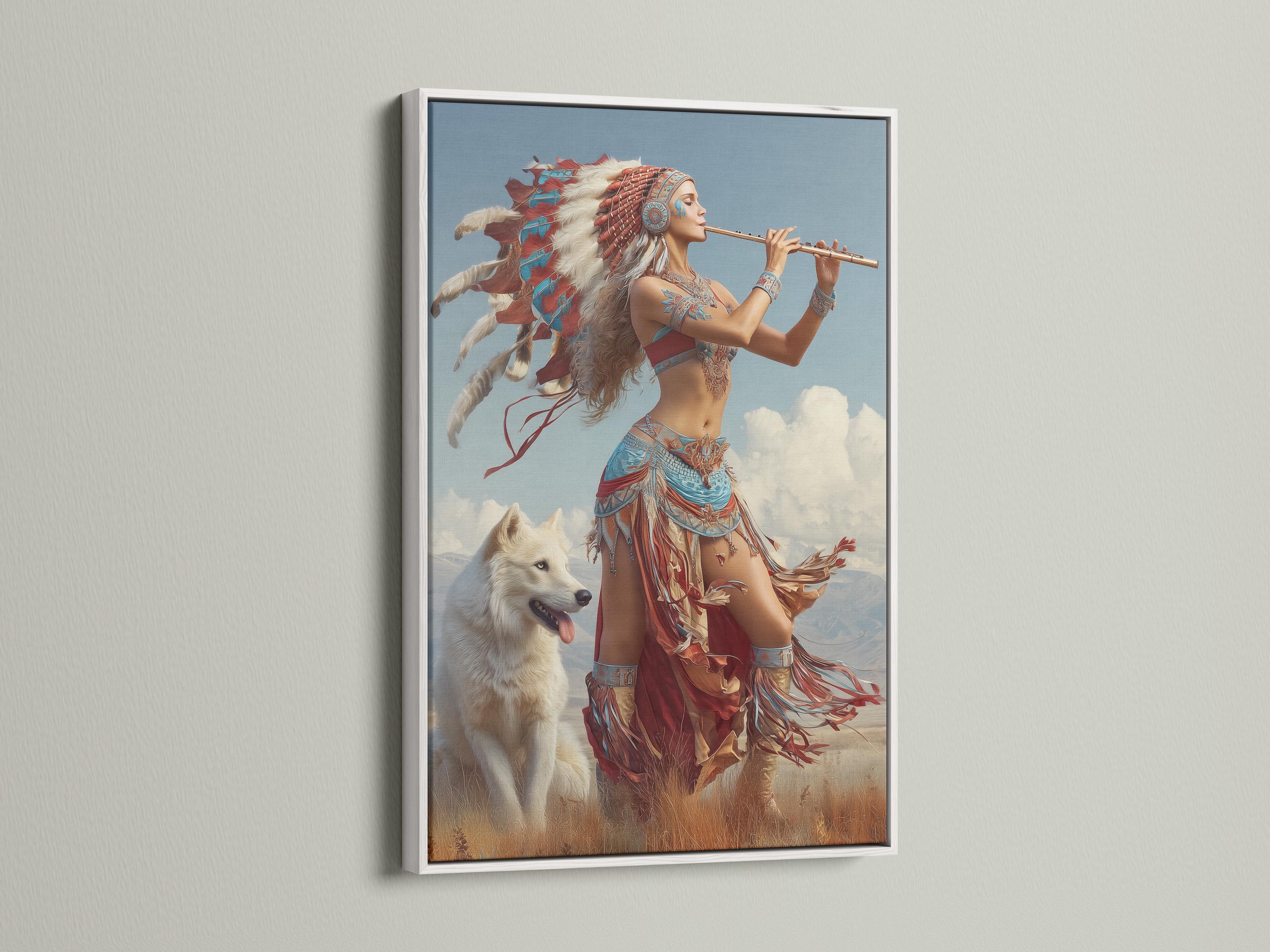 A flute-playing woman with a feather headdress beside a white wolf against a blue sky with clouds detail view