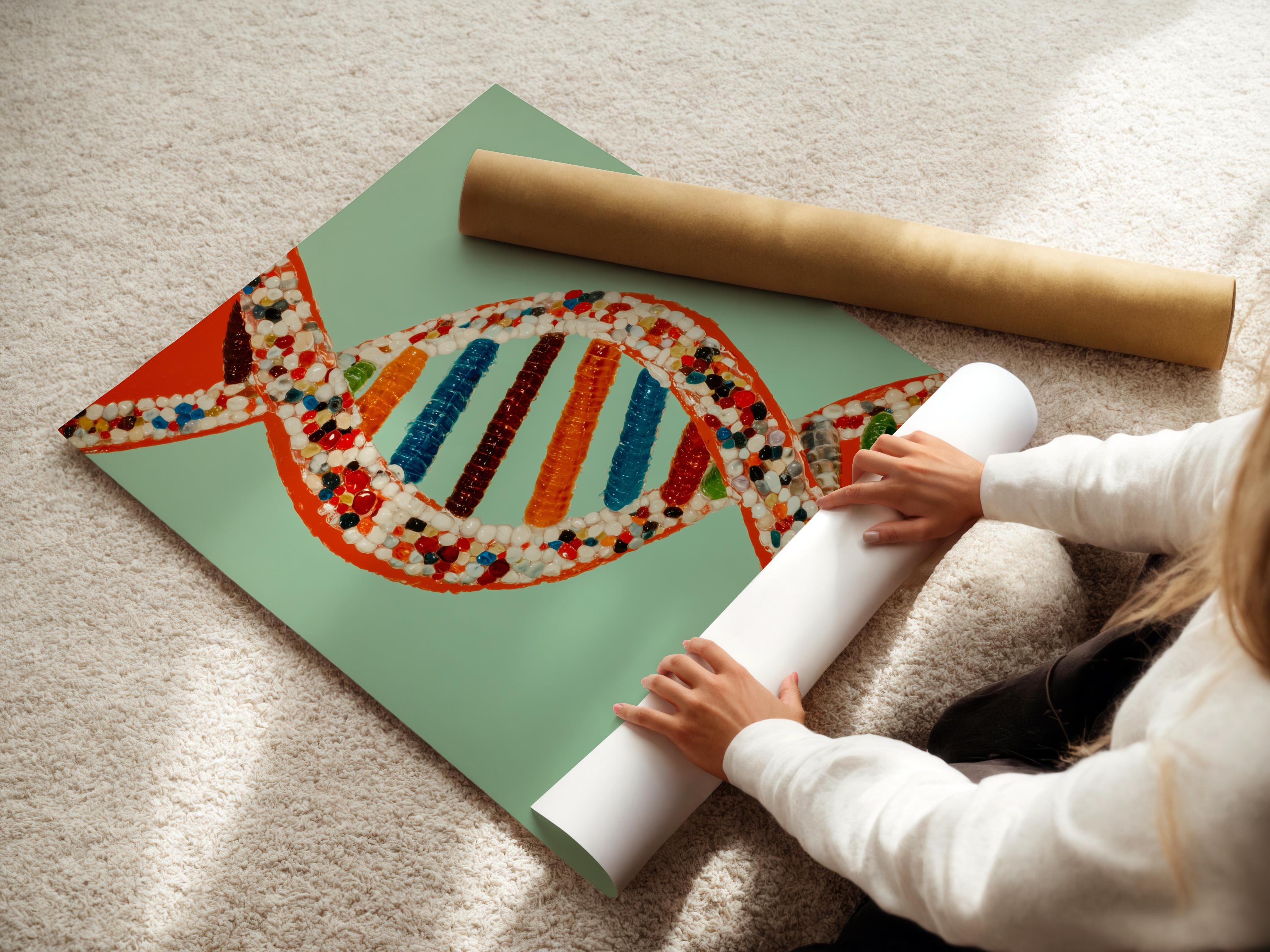 A researcher in a white lab coat stands next to a framed DNA double helix artwork