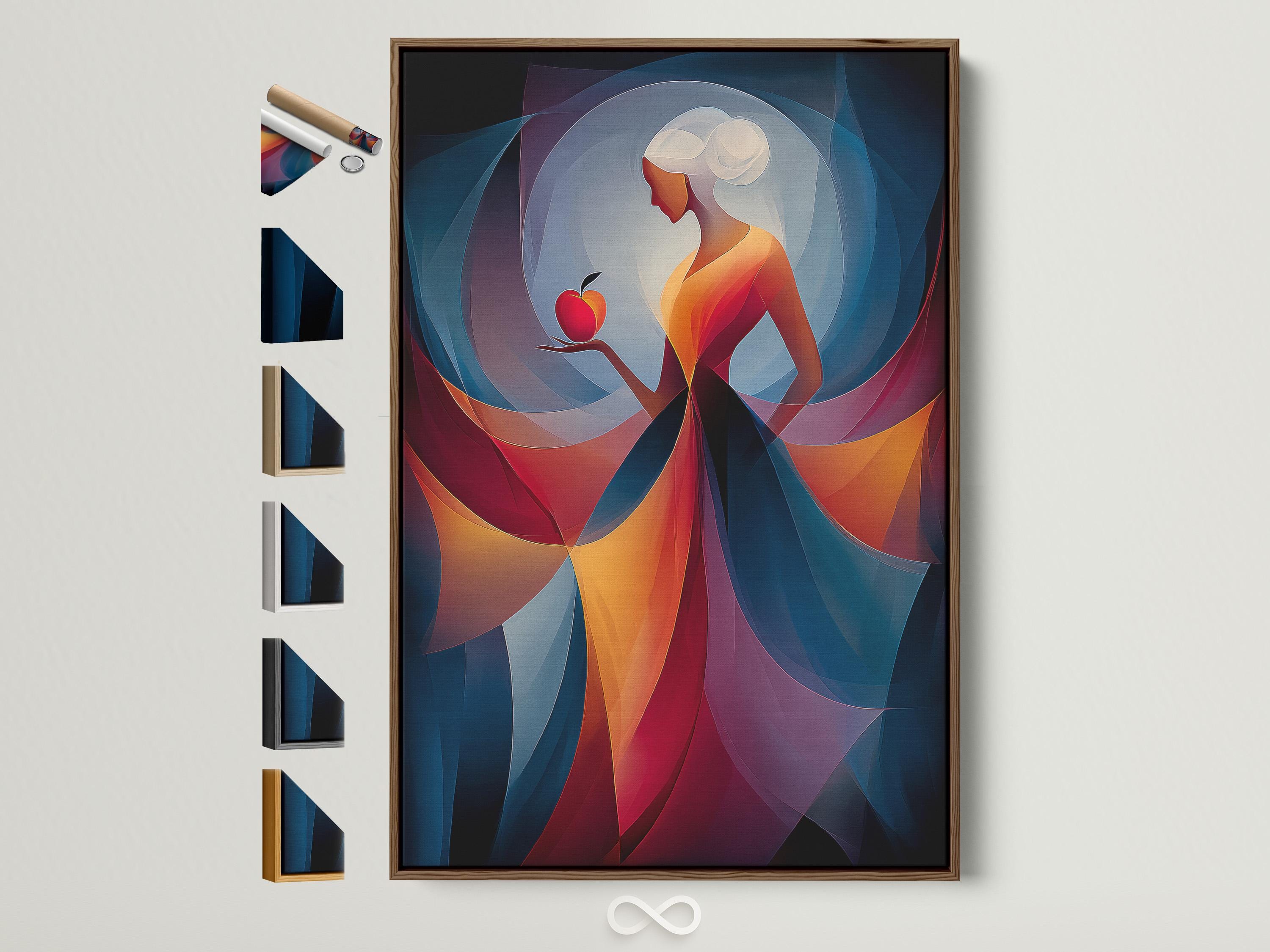 Abstract woman holding a red apple with layered blue, teal and purple curved shapes detail view