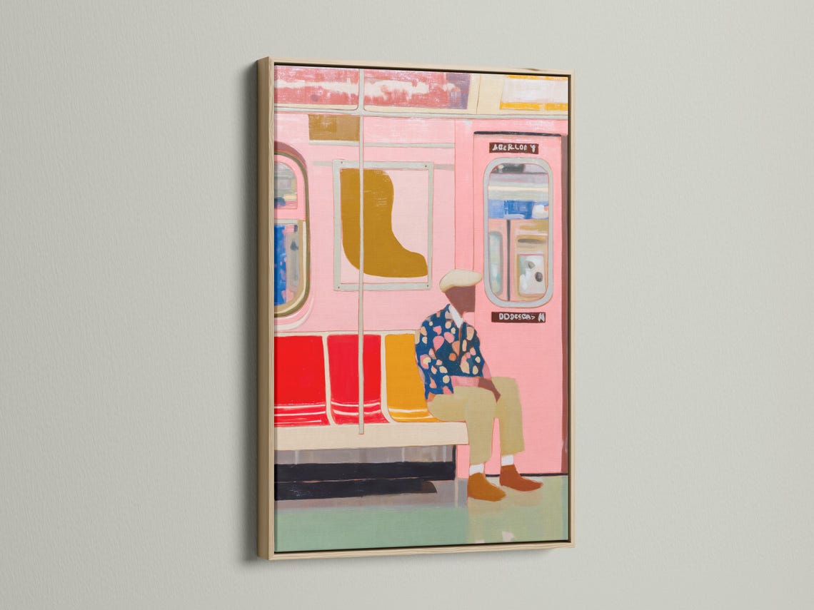 Room mockup showing framed urban subway artwork and colour swatch thumbnails