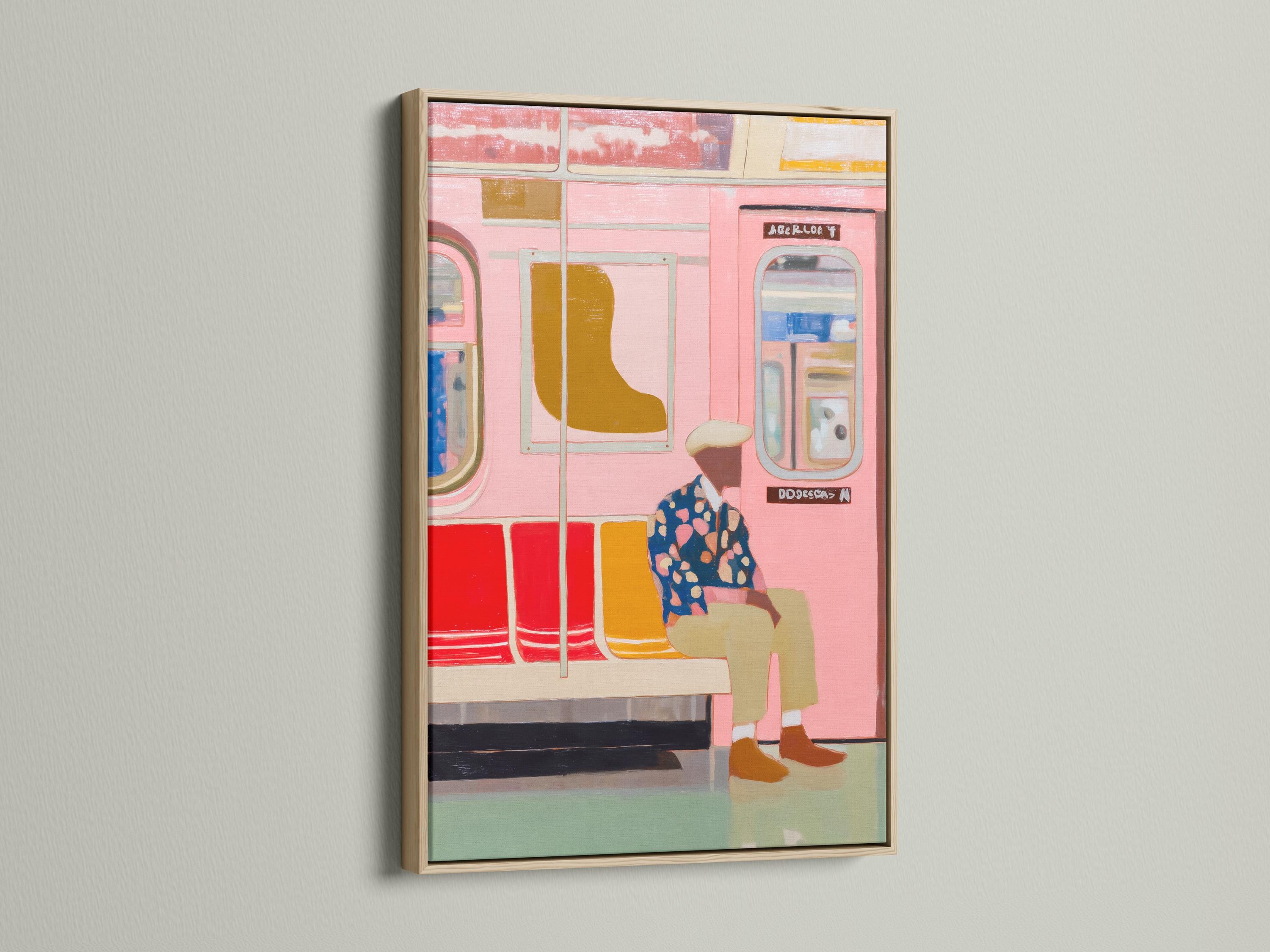 Room mockup showing framed urban subway artwork and colour swatch thumbnails