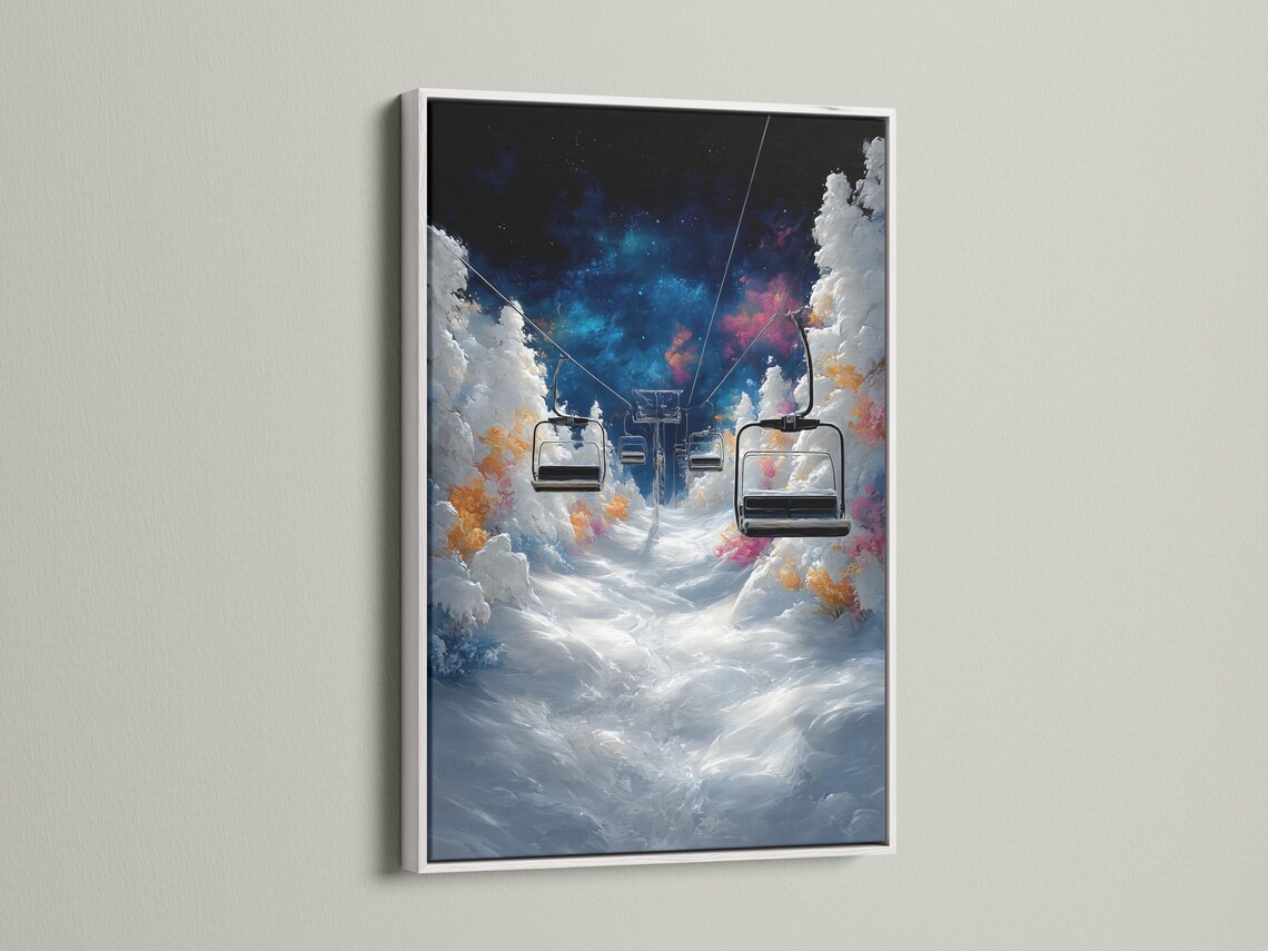 Framed ski lift scene with snowy mountains, chairlift cars and a glowing blue and pink night sky detail view
