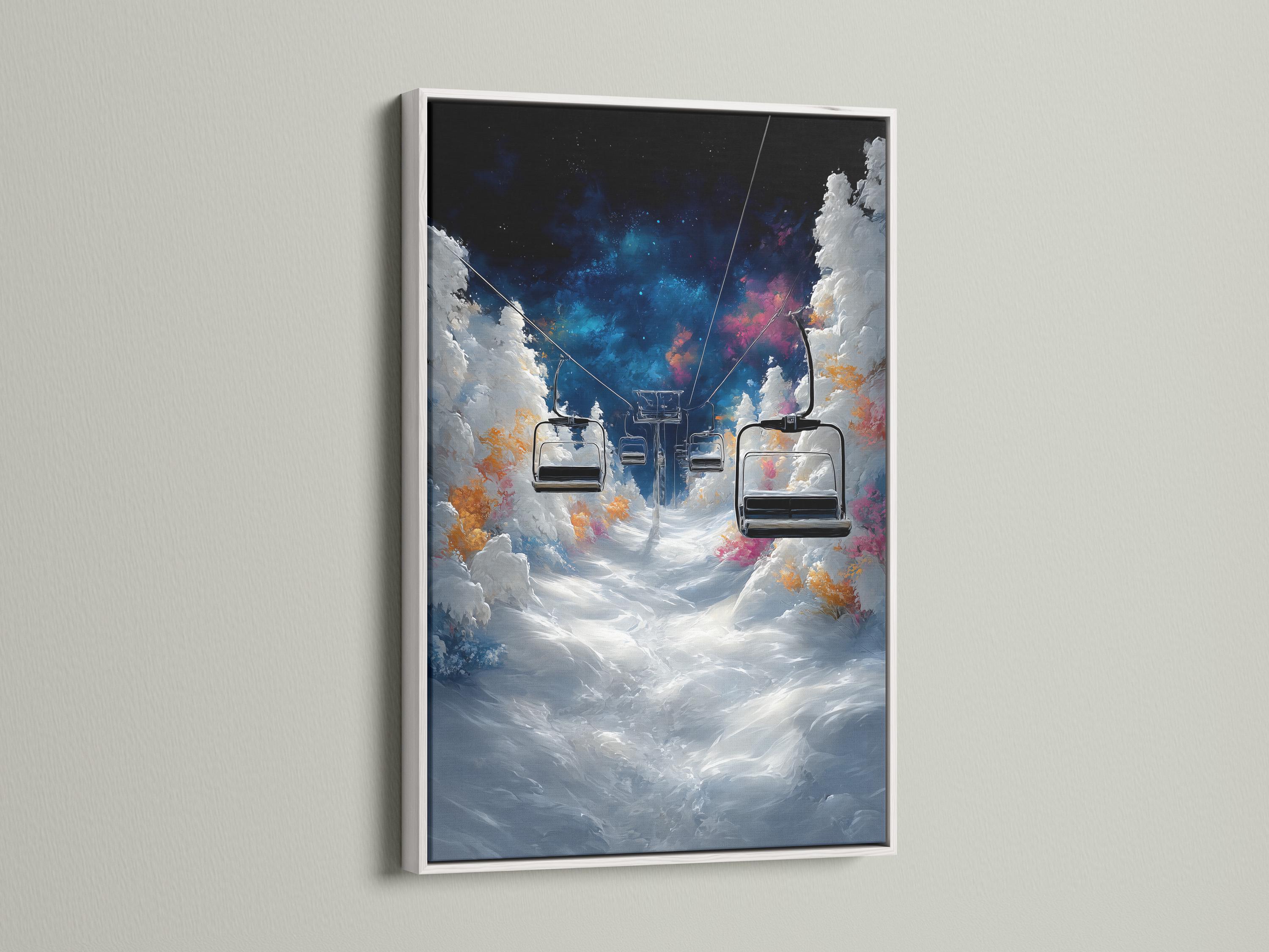 Framed ski lift scene with snowy mountains, chairlift cars and a glowing blue and pink night sky detail view