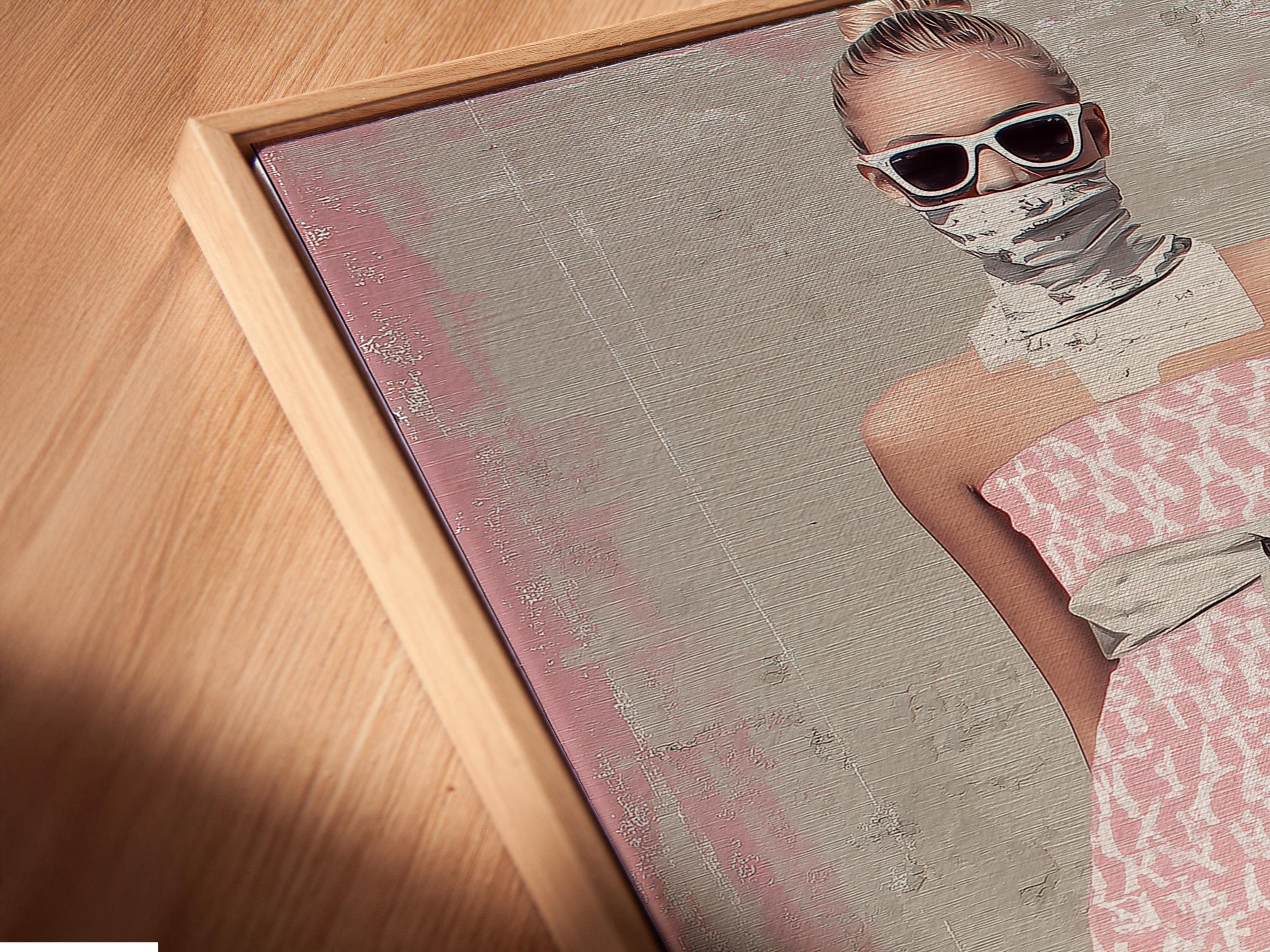 Room mockup showing a framed artwork with a stylised woman in a pink patterned dress