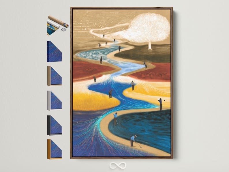 Abstract golf course scene with a bright sunburst, winding blue channel, and small golfers