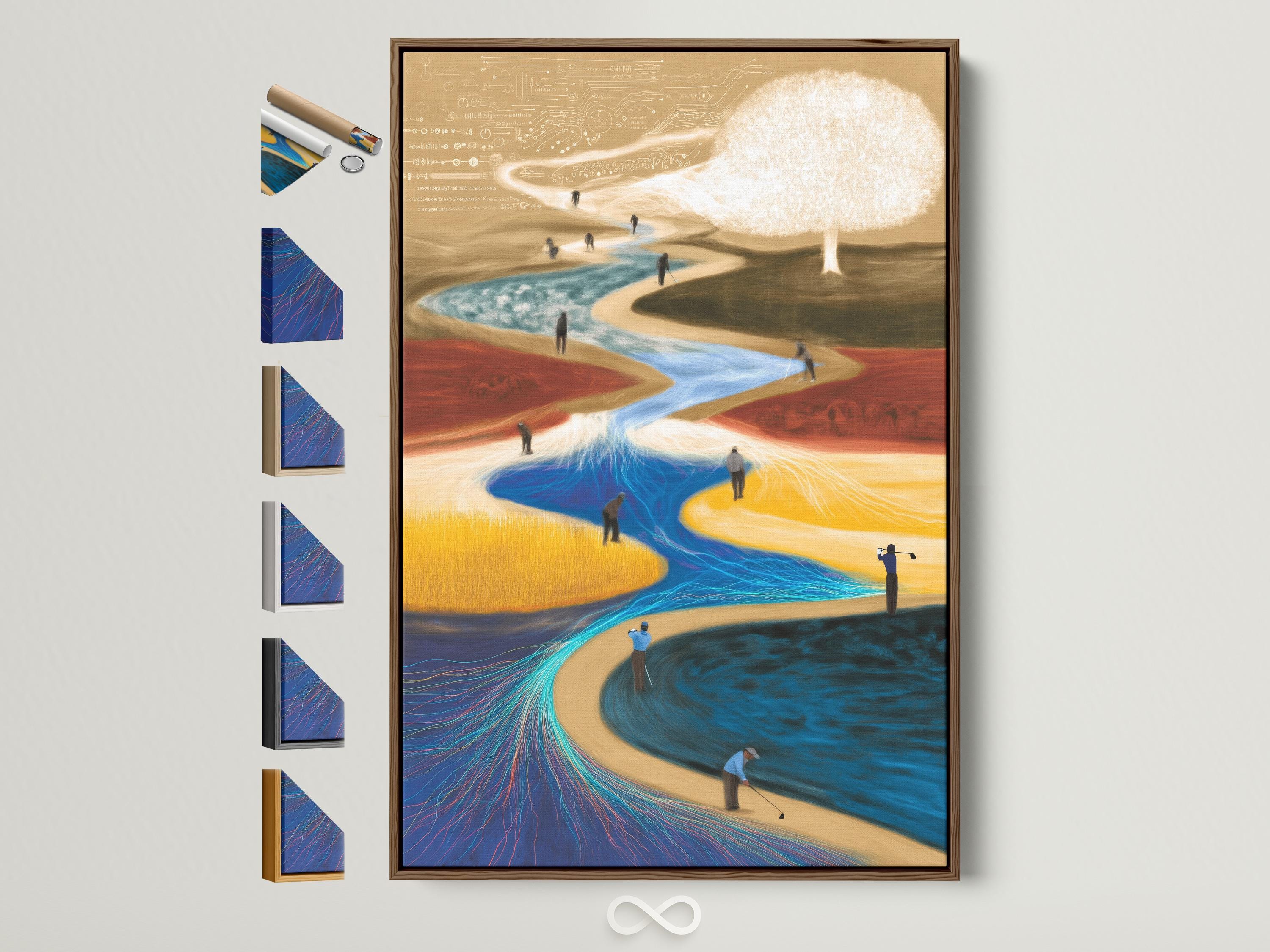 Abstract golf course scene with a bright sunburst, winding blue channel, and small golfers