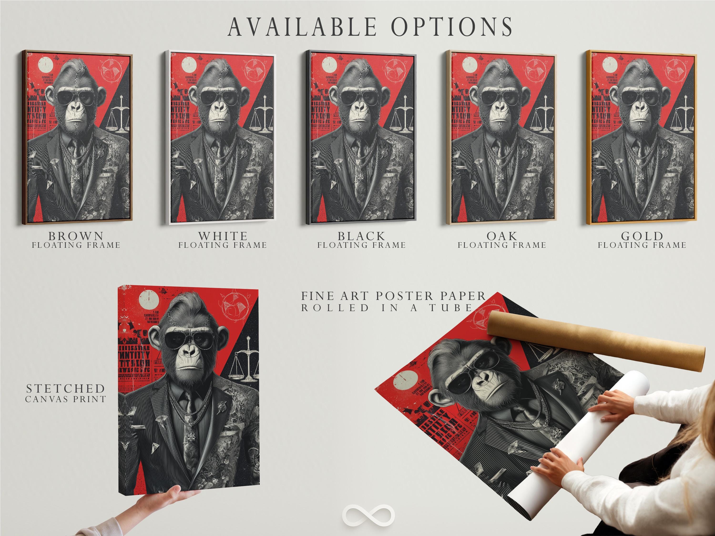 Framed gorilla lawyer artwork on a wall with several side panel mockups