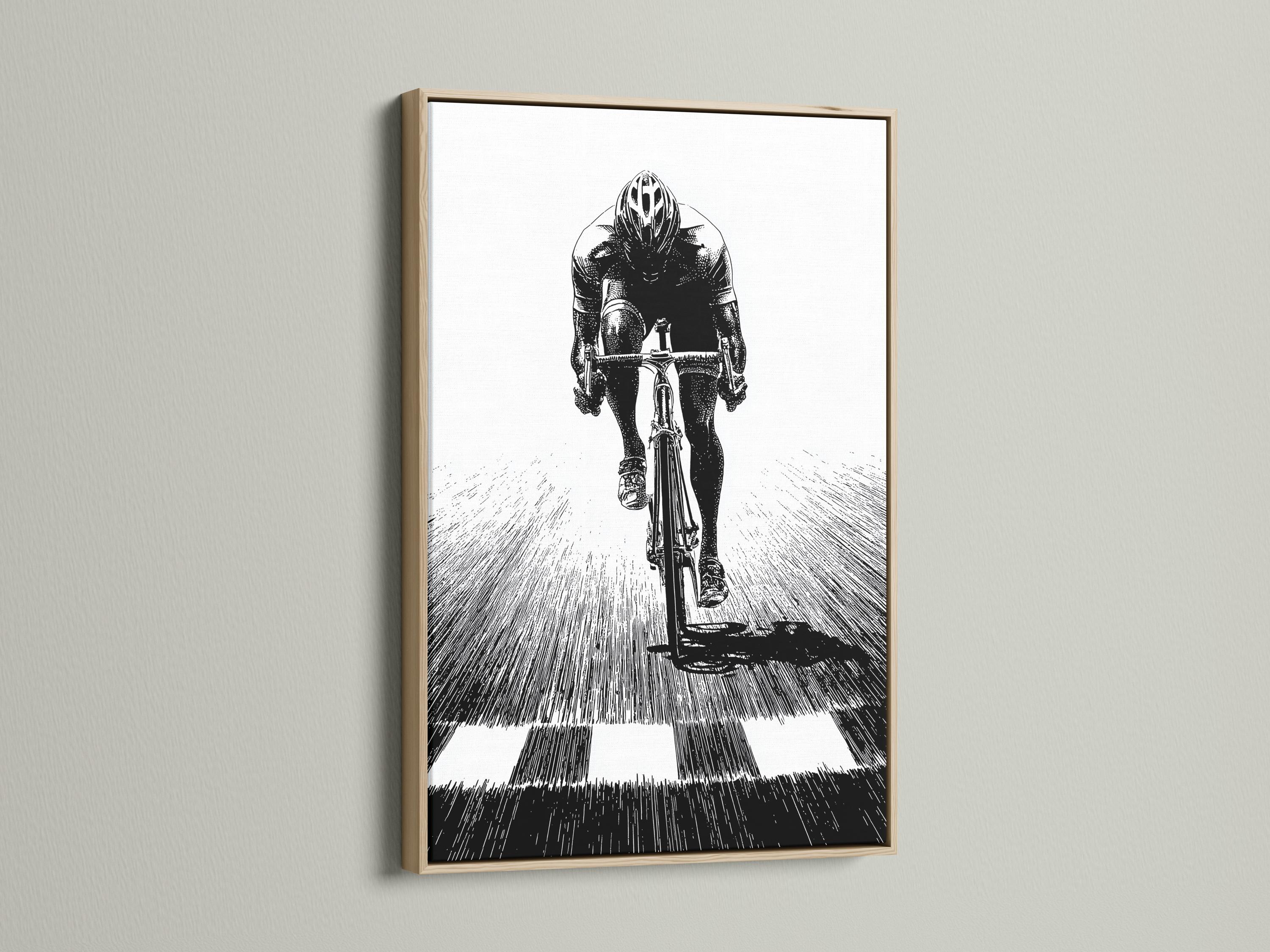 Room mockup showing a framed monochrome cyclist illustration on a light wall