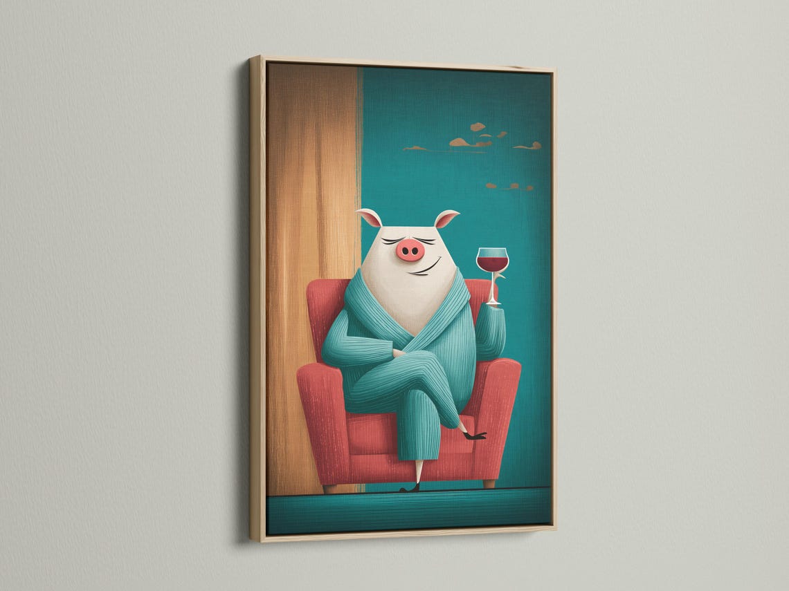 Illustration of a smiling pig in a teal jumper holding a wine glass detail view