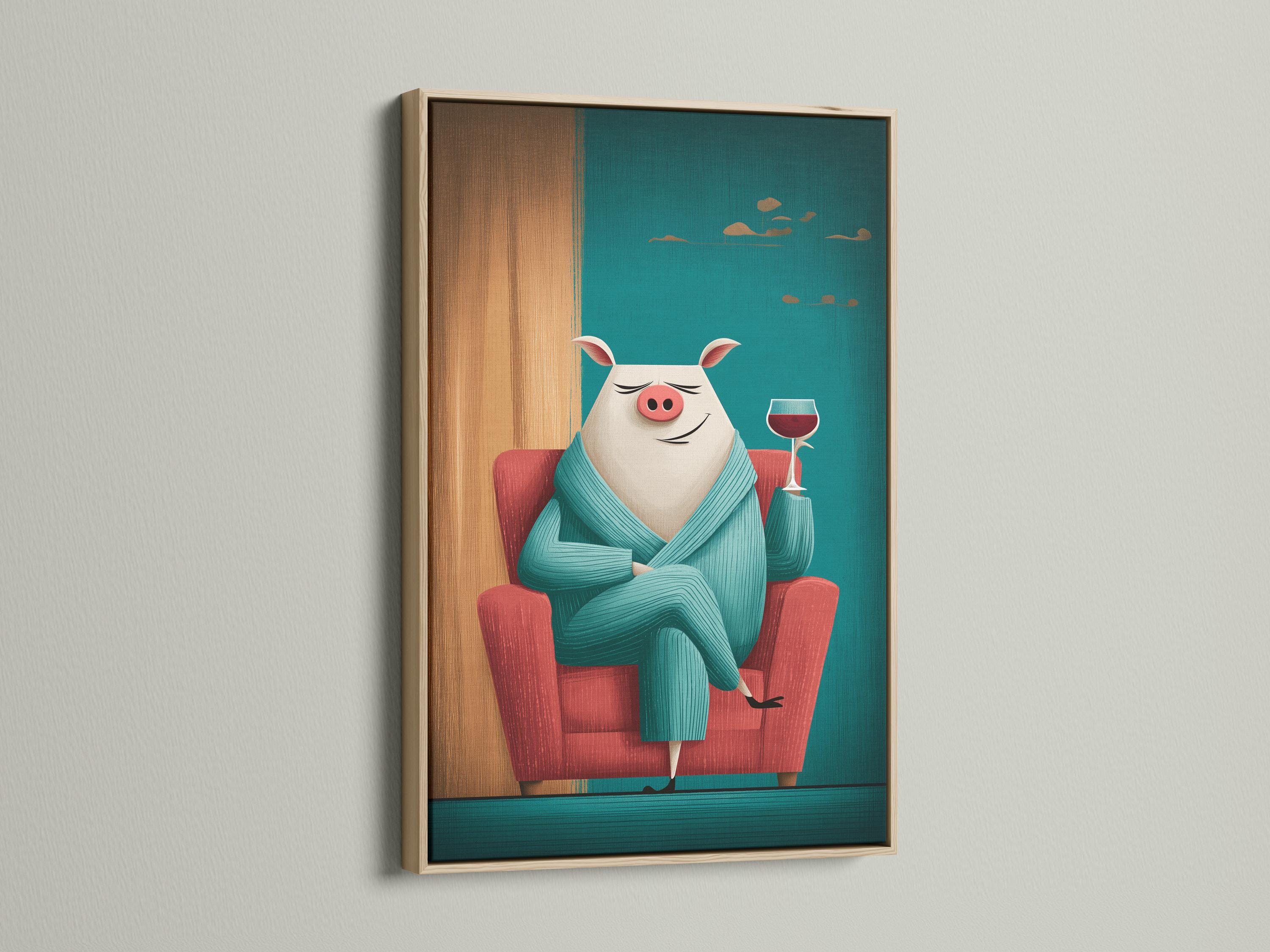Illustration of a smiling pig in a teal jumper holding a wine glass detail view