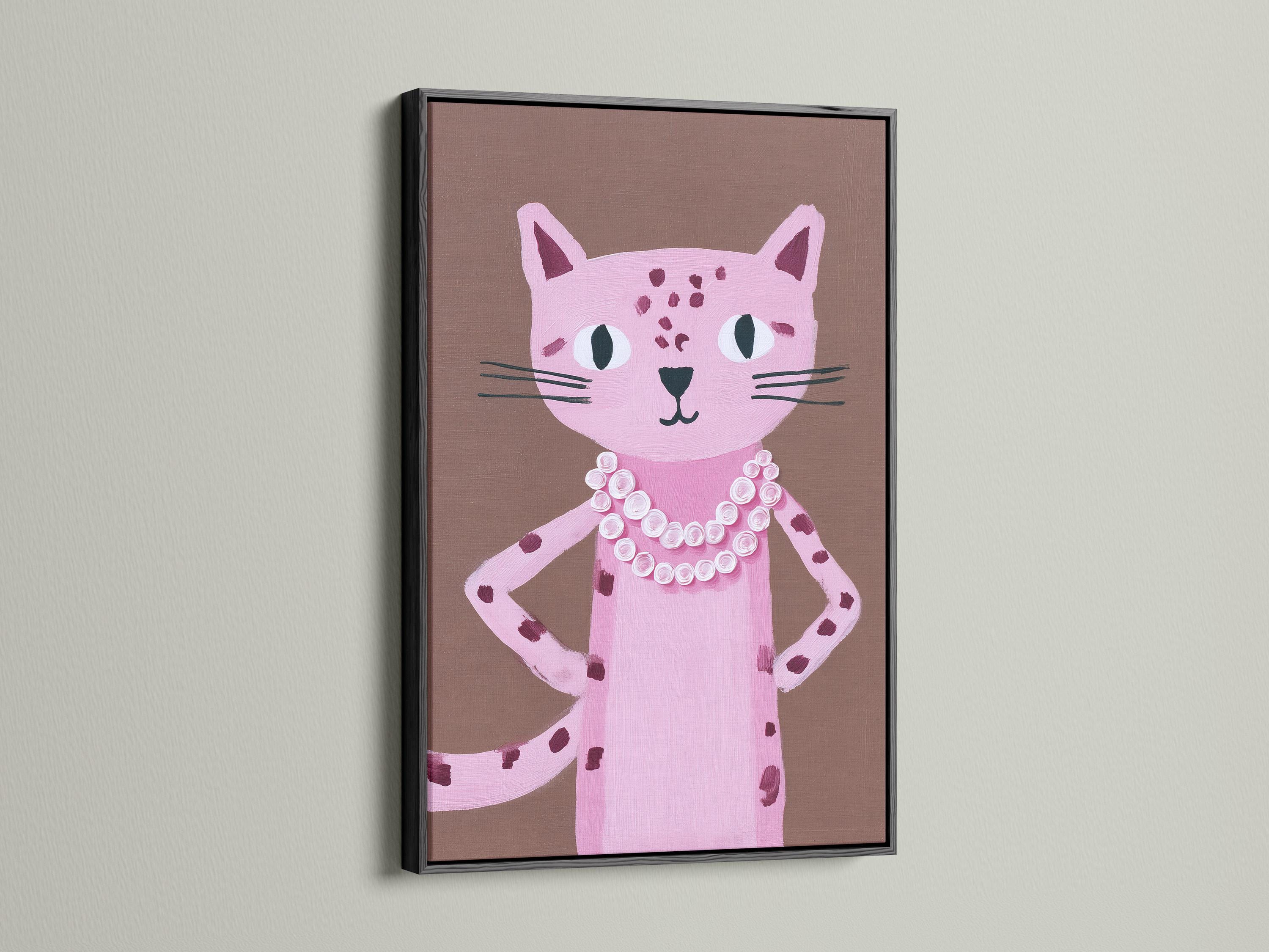 Portrait of a pink cat with large eyes and a white and pink rosette collar on a taupe background detail view