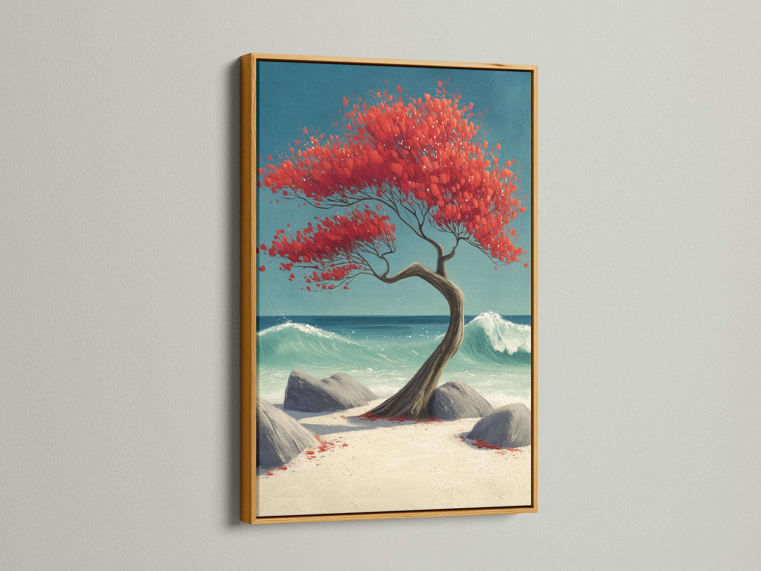 Red tree with spreading branches on a turquoise ocean beach with rocks and foamy waves detail view