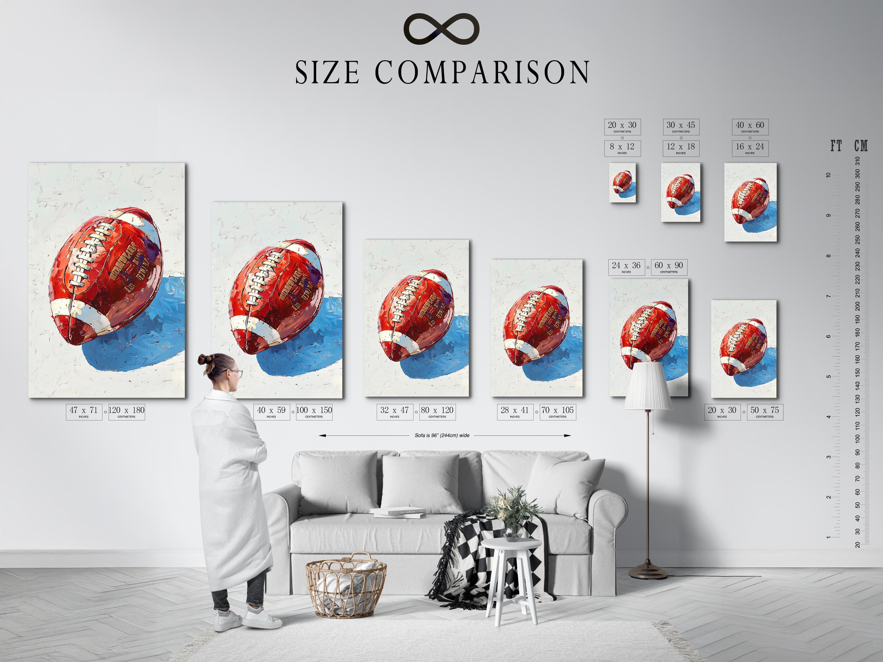 Stylised red and blue football artwork with a helmet-like face and stripe details detail view