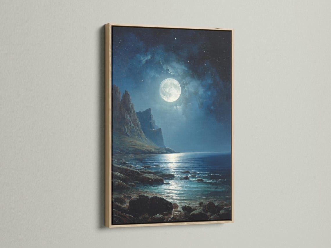 Moonlit ocean seascape with dark cliffs, starry night sky and glowing full moon detail view