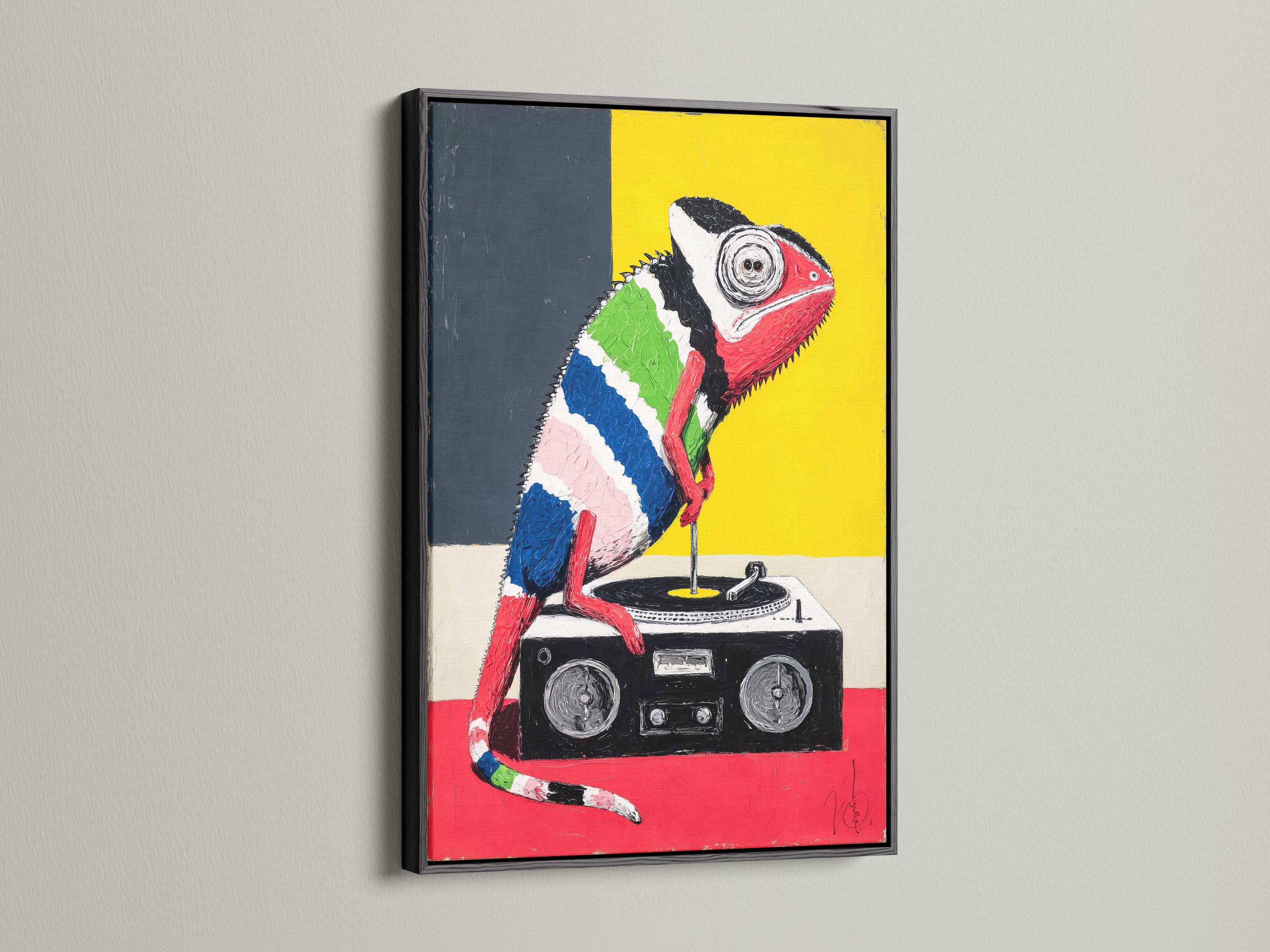 Pop-art chameleon DJ artwork with thick black outlines, bright yellow and red background blocks detail view