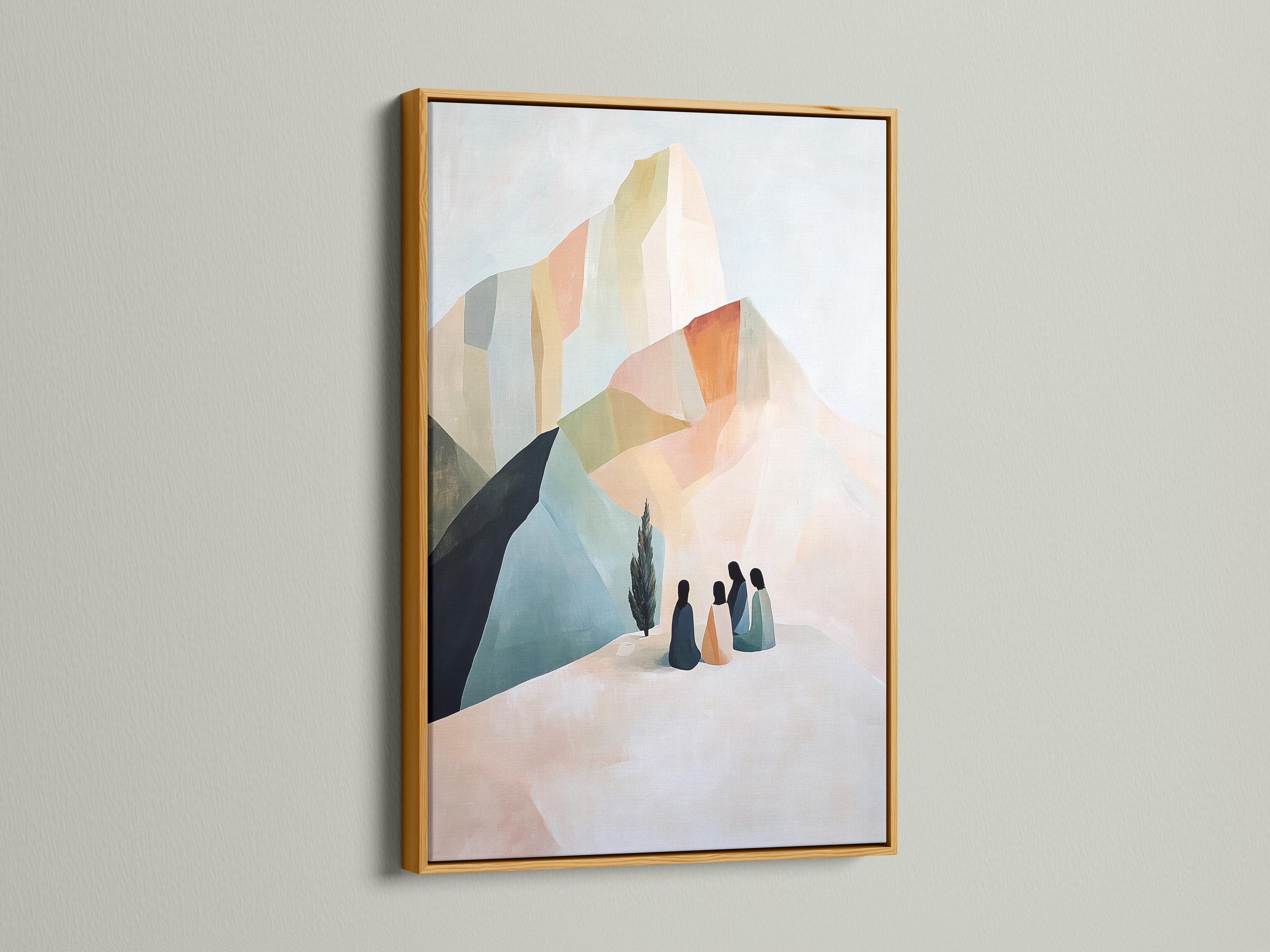 A pastel geometric mountain scene features layered cliffs and soft slopes with four silhouetted figures gathered in the foreground detail view