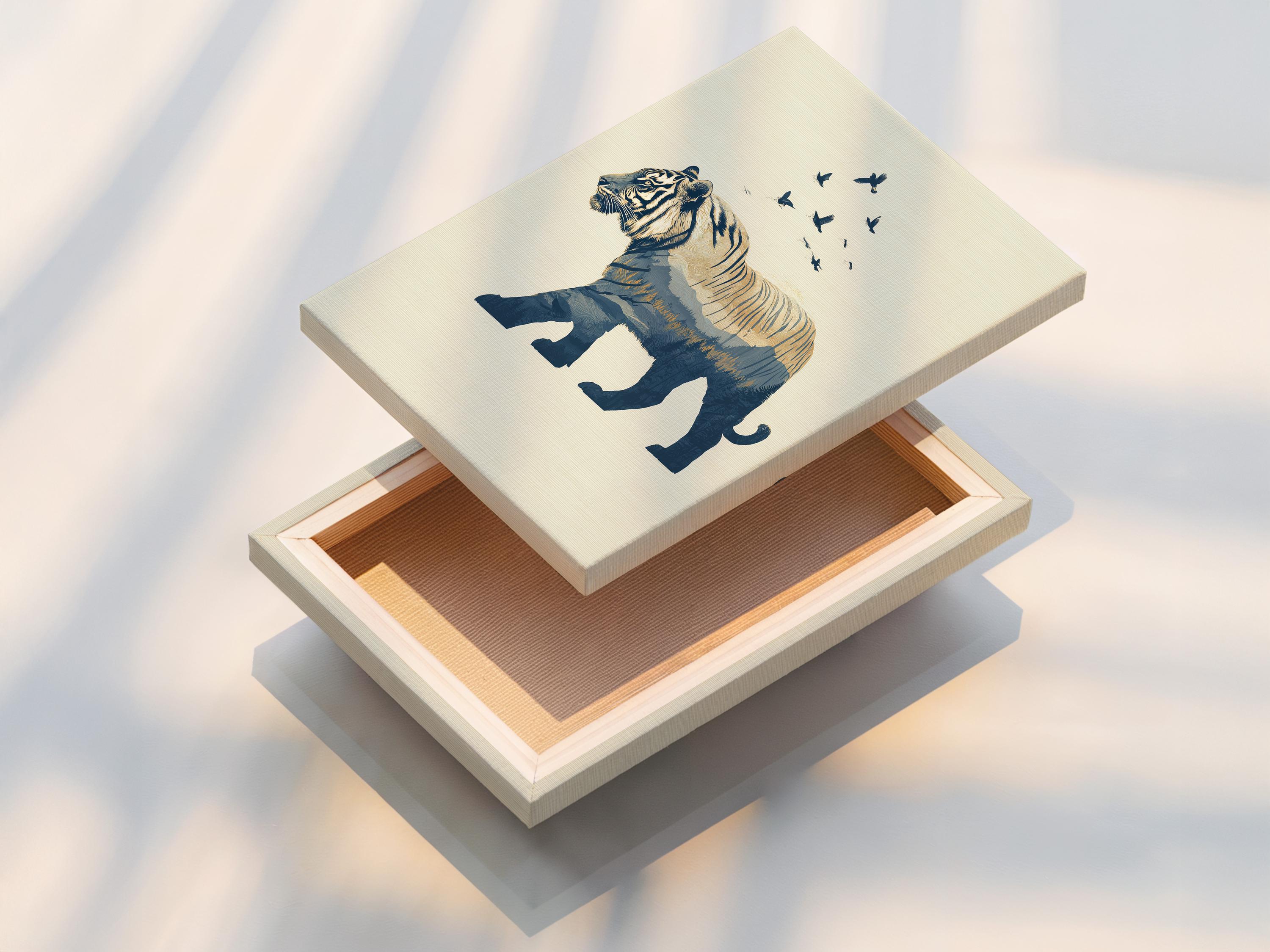 Minimalist tiger silhouette in navy with birds in flight above and layered mountains below detail view