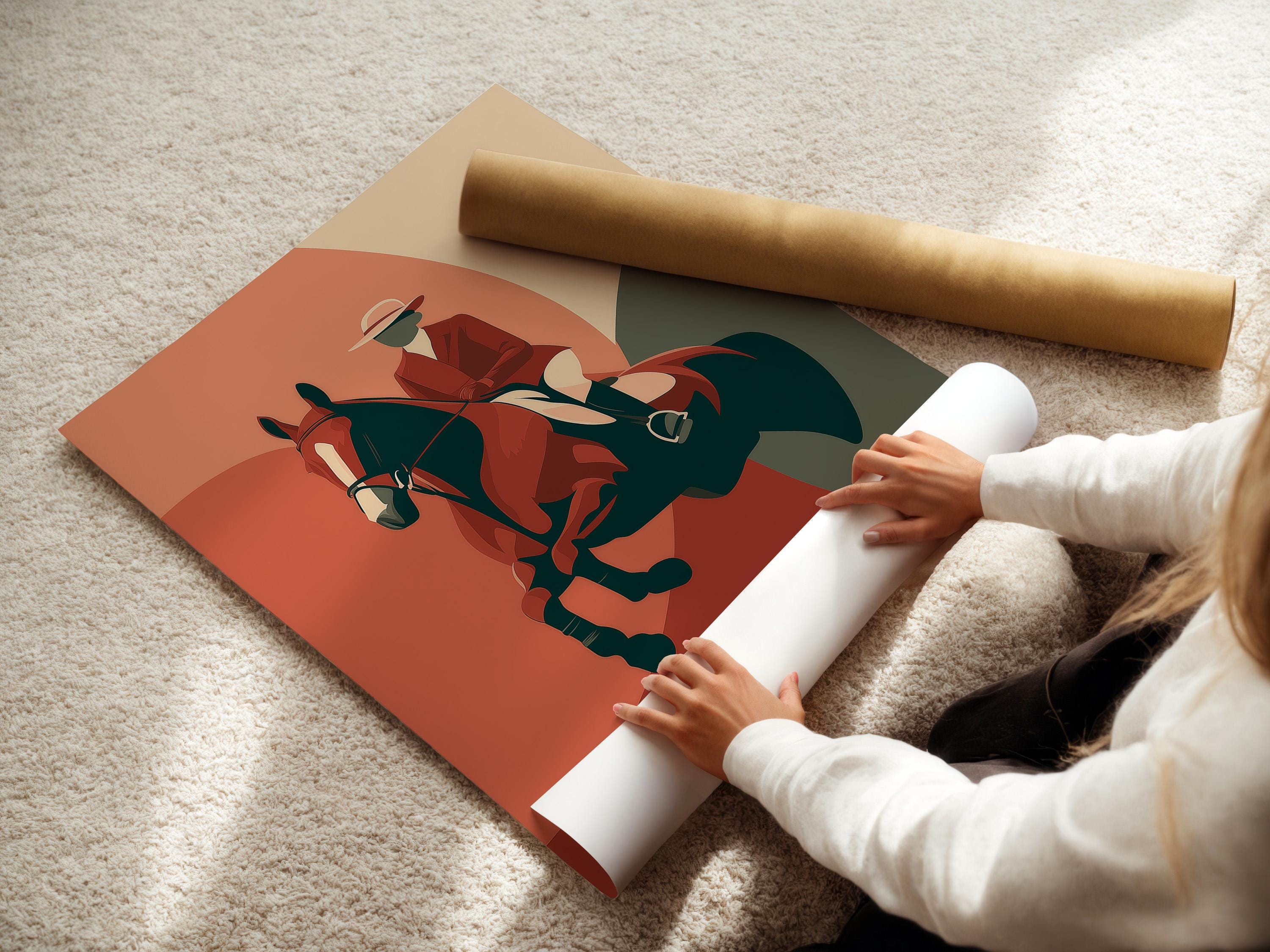 A stylised equestrian rider sits on a dark horse, set against a warm rust-red and beige abstract background with bold green and grey shapes detail