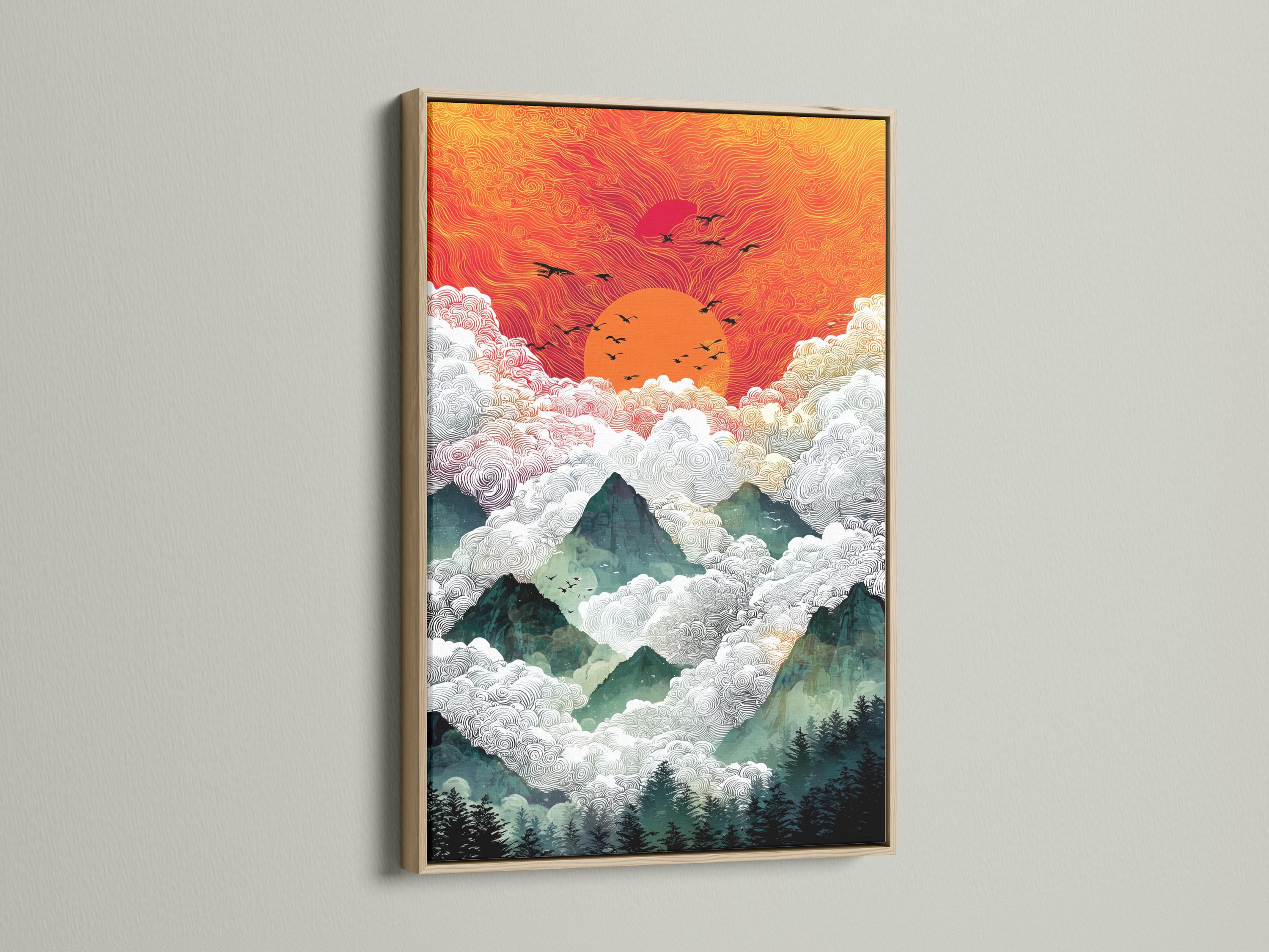 A stylised sunrise mountain scene fills the artwork, with swirling cloud lines, layered peaks, and small black bird silhouettes across a warm orange