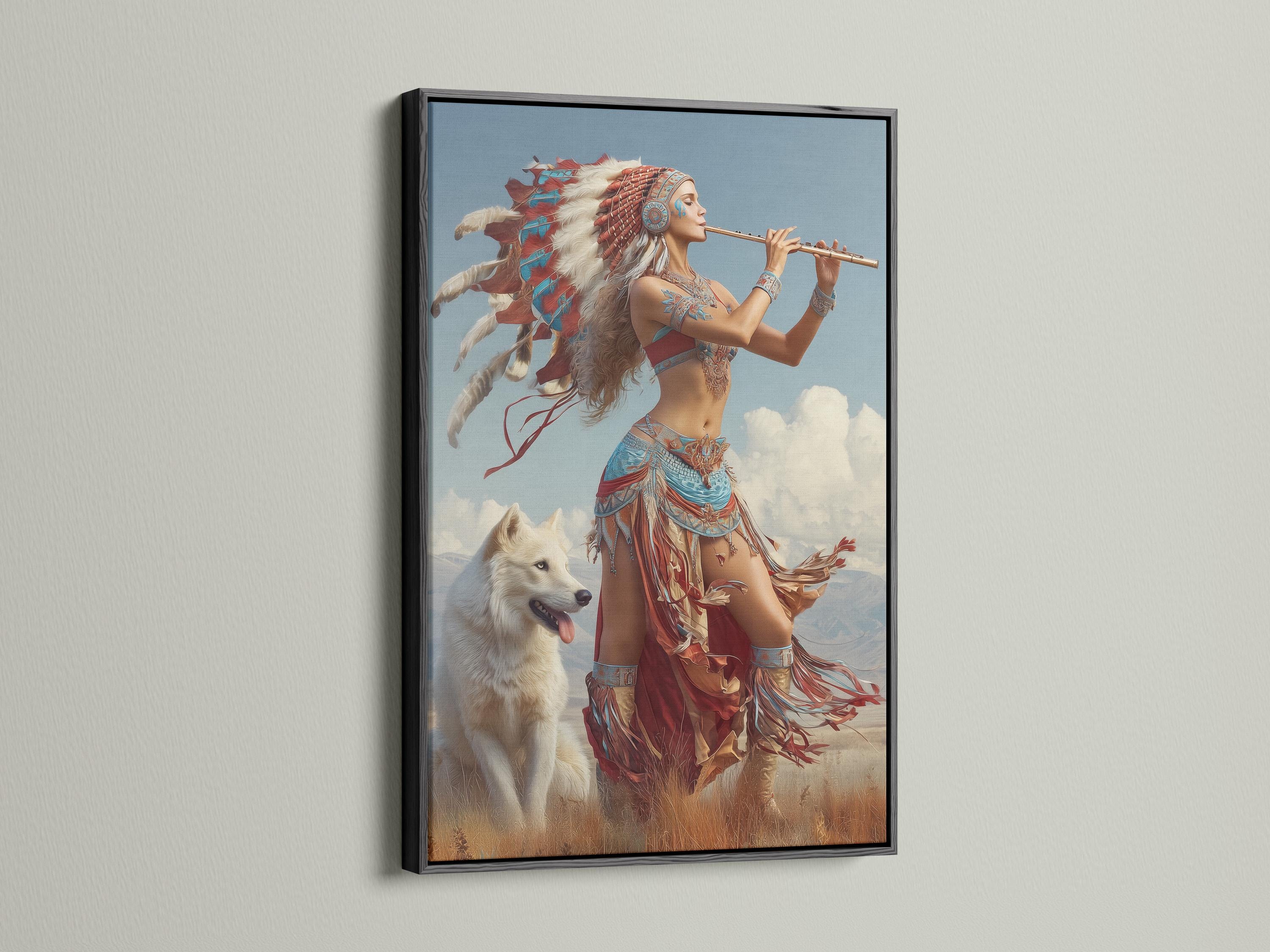 A flute-playing woman with a feather headdress beside a white wolf against a blue sky with clouds detail view