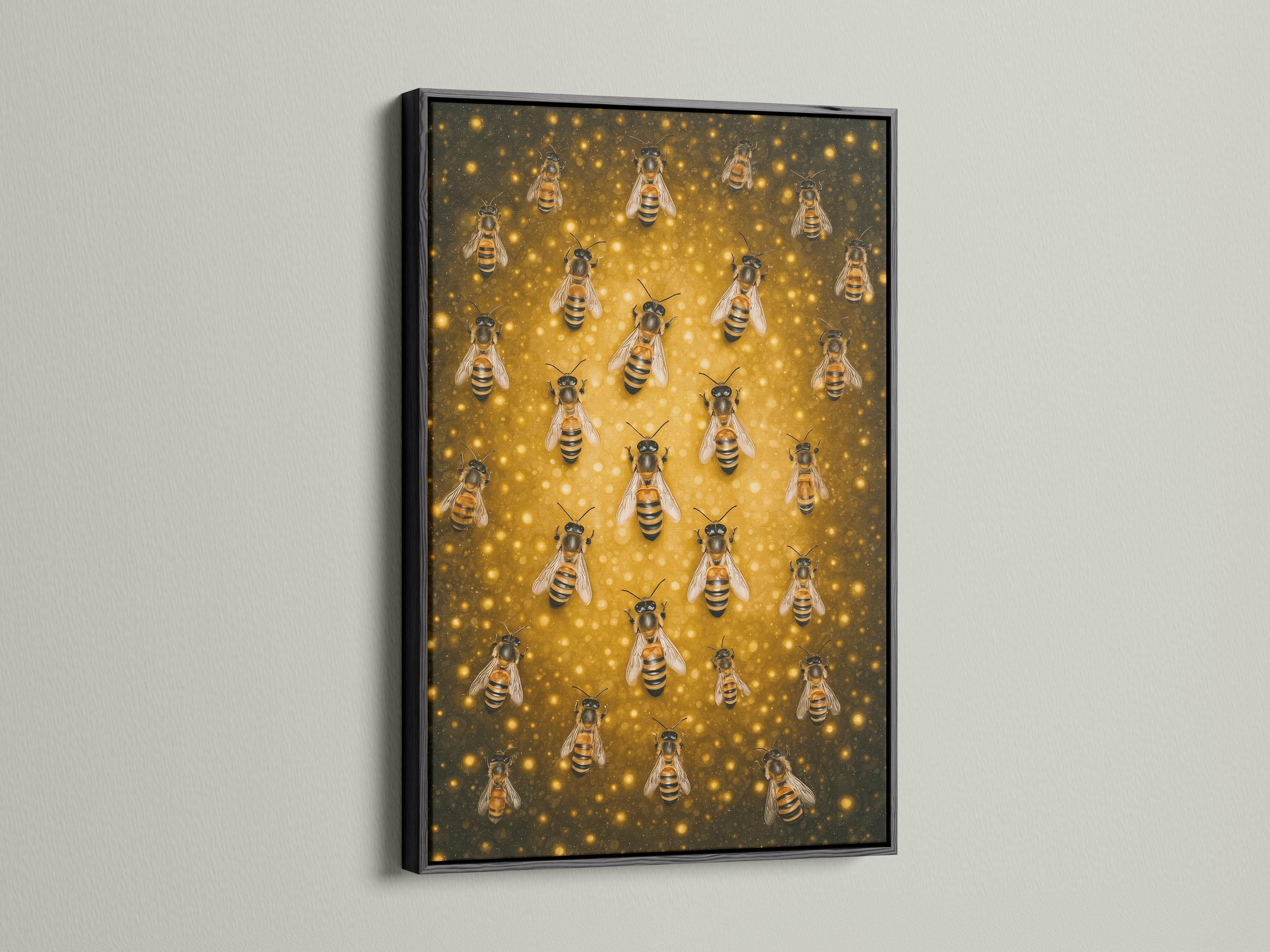 Illustrated bees with black and yellow stripes on a warm golden honeycomb-like background detail view