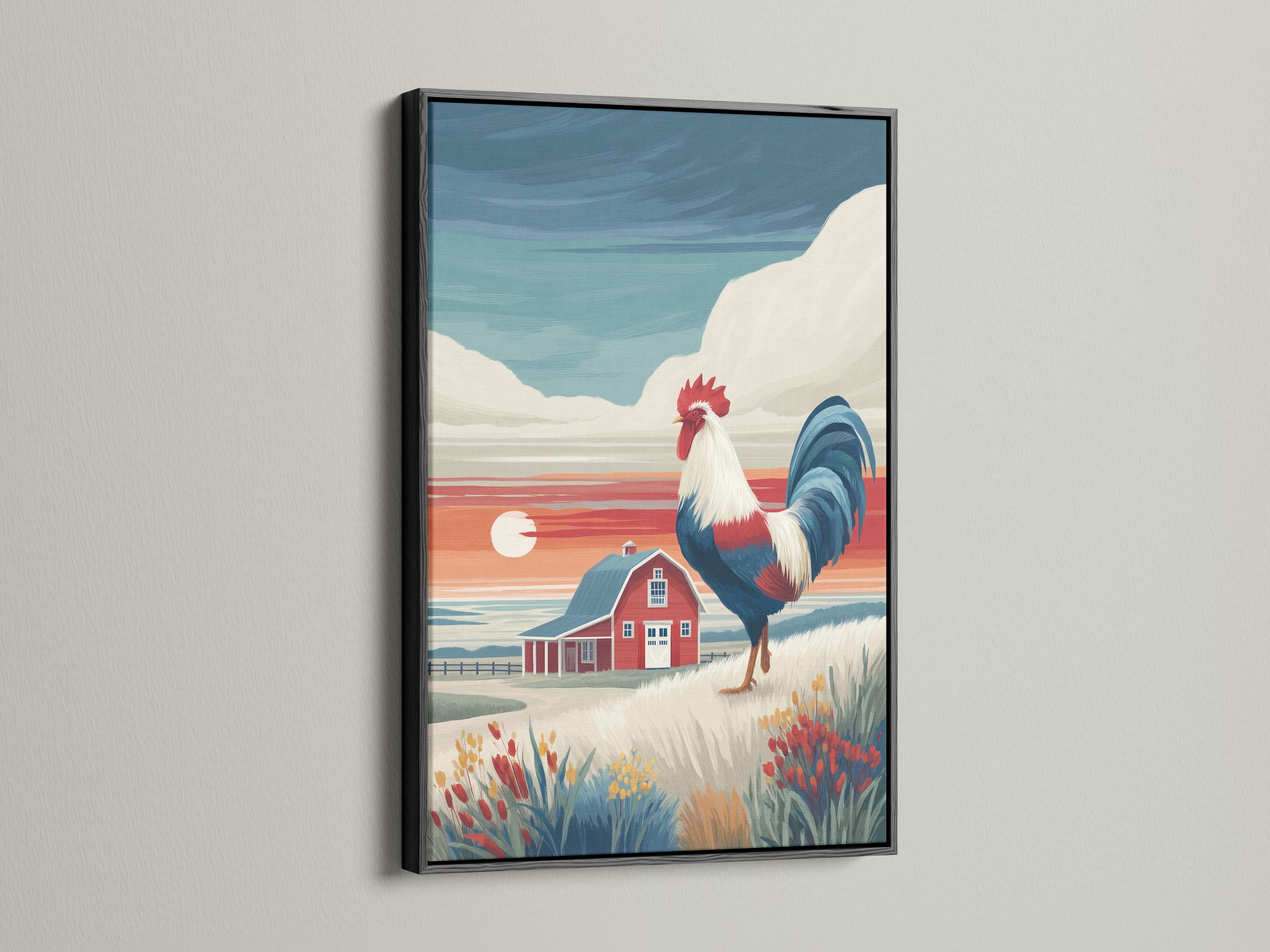 Illustrated rooster standing beside a red barn in a countryside landscape with a bright sun detail view