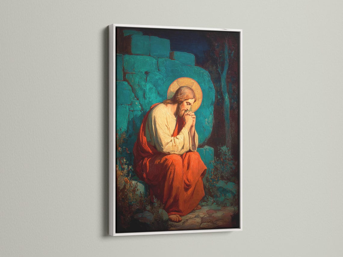 Painterly religious portrait of a kneeling praying figure with a glowing gold halo detail view