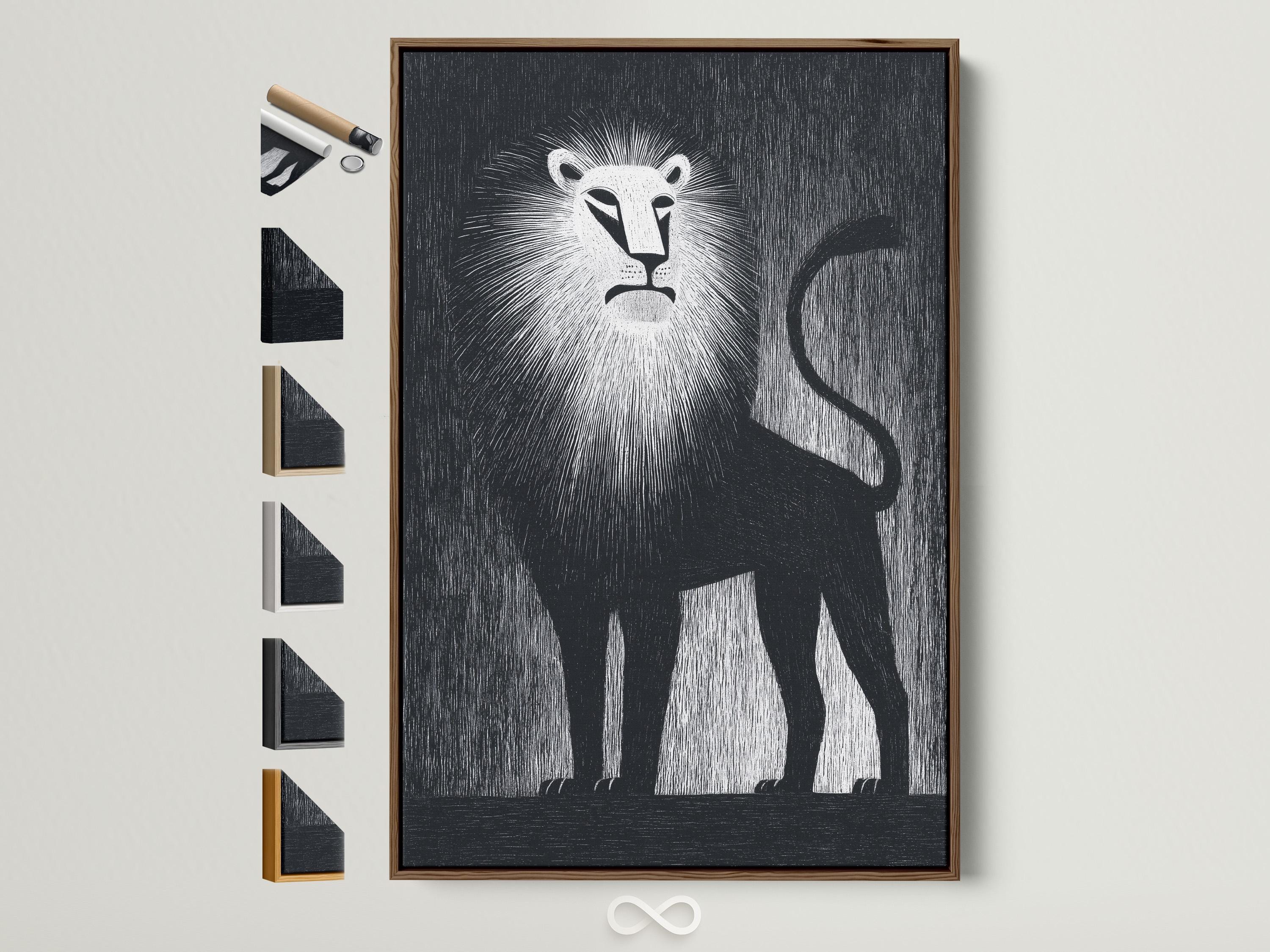 A person standing beside a framed black and white lion artwork in a modern interior