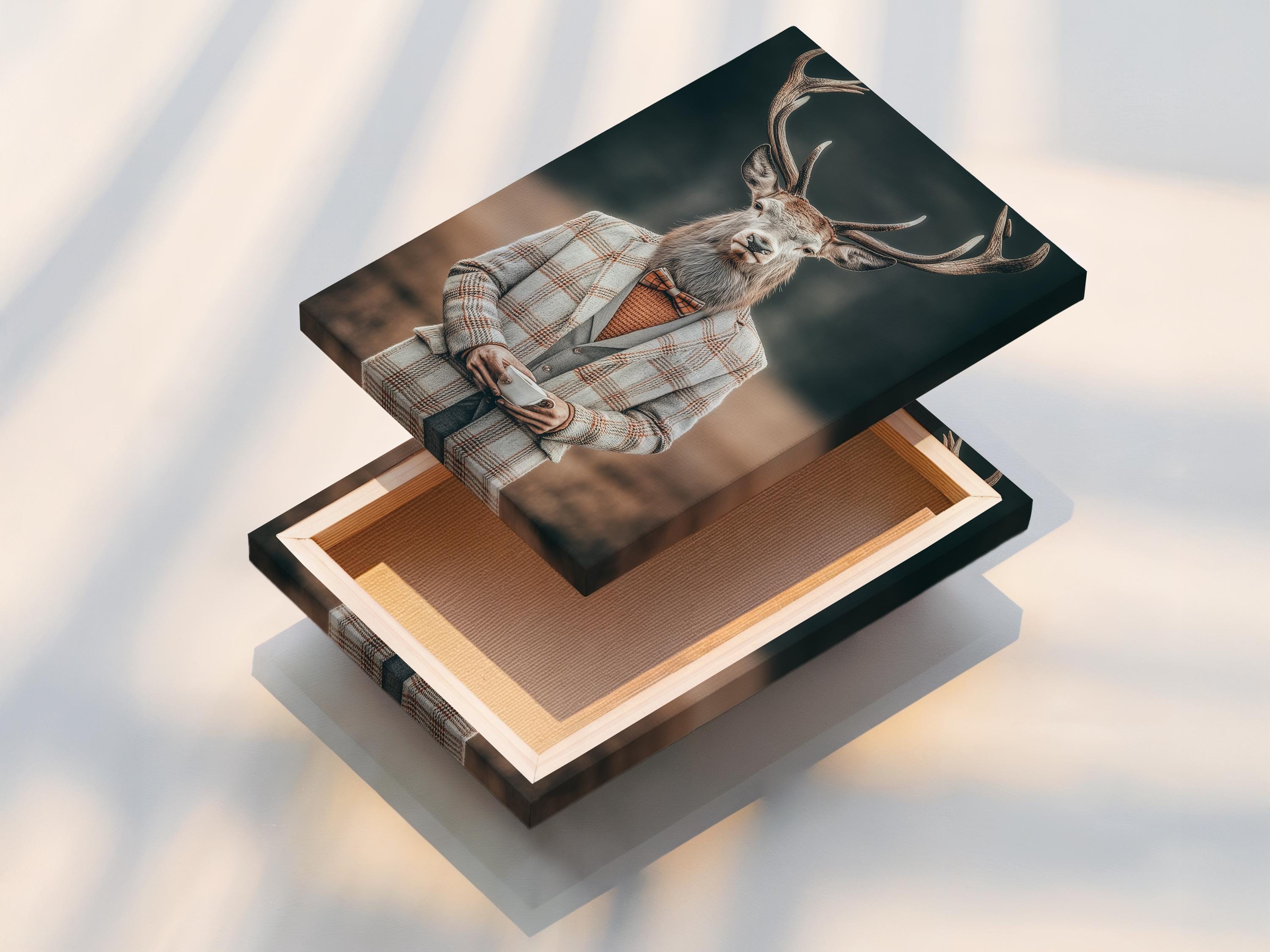 Gentleman deer portrait with antlers wearing a grey plaid suit, bow tie and holding a cup detail view