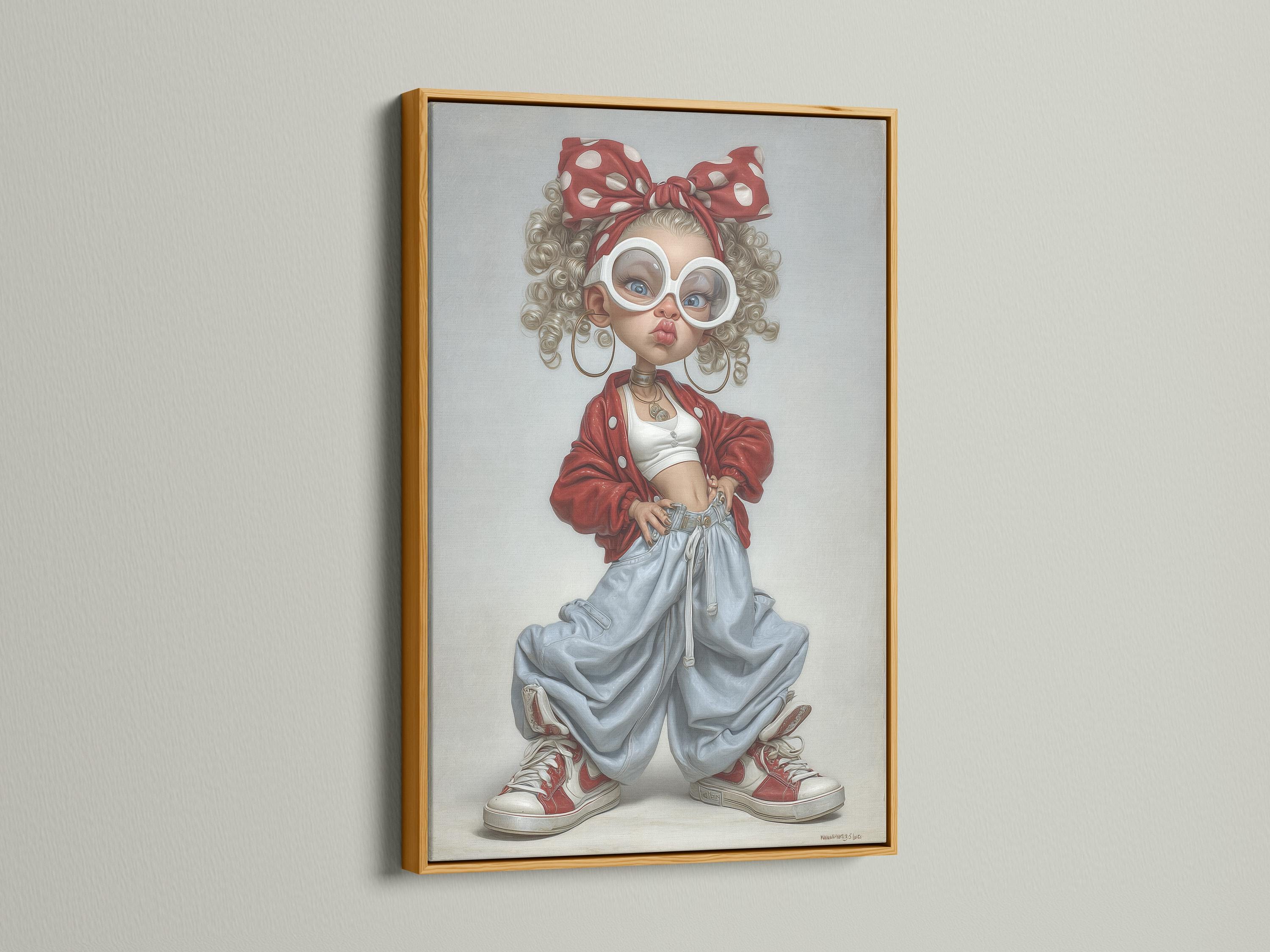 Pop art portrait of a curly-haired girl with white glasses, red bow and red jacket over denim trousers detail view