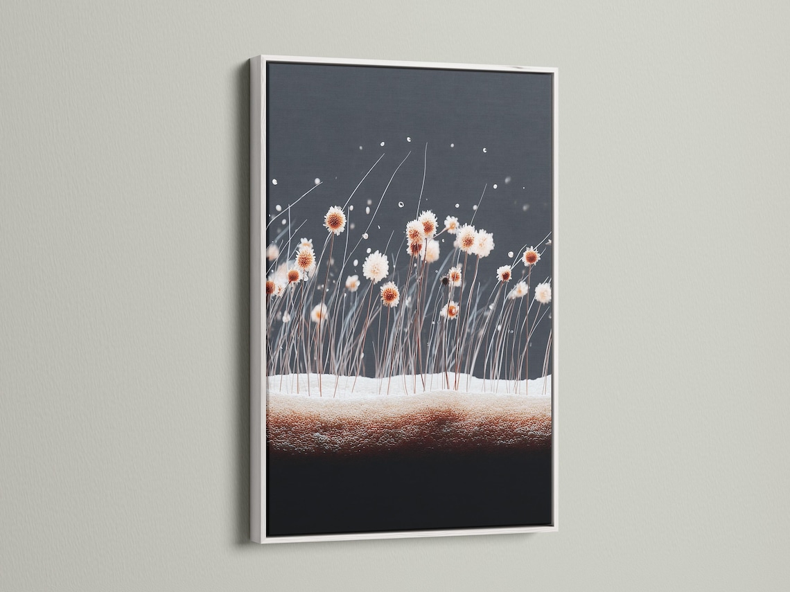 Room mockup showing a framed botanical dandelion-like blossom artwork
