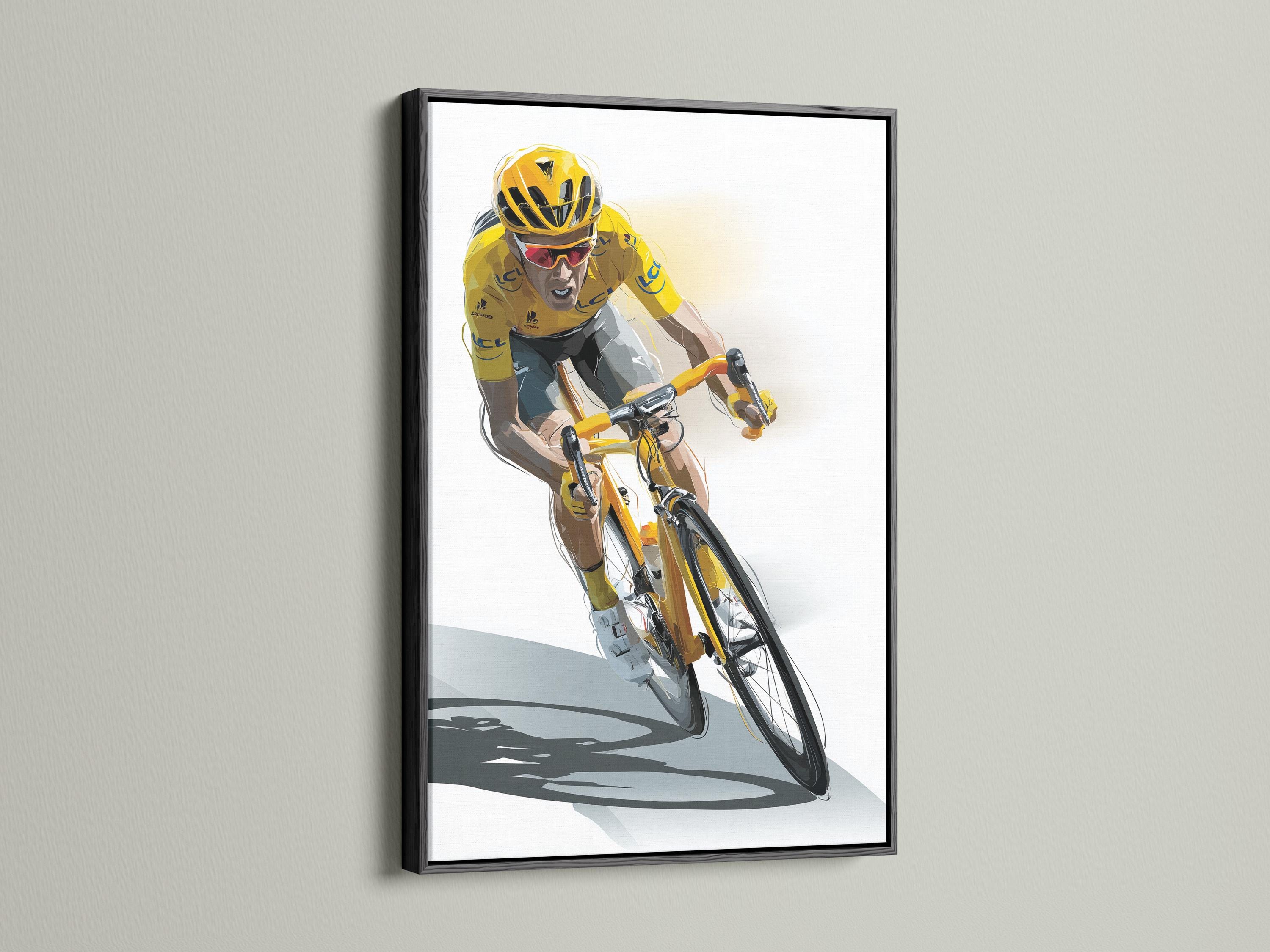 Illustration of a cyclist in a bright yellow jersey racing on a bicycle against a pale background detail view