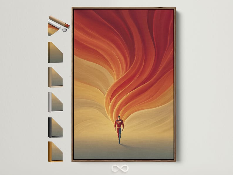 Portrait artwork of a red and blue superhero under warm orange and red energy swirls