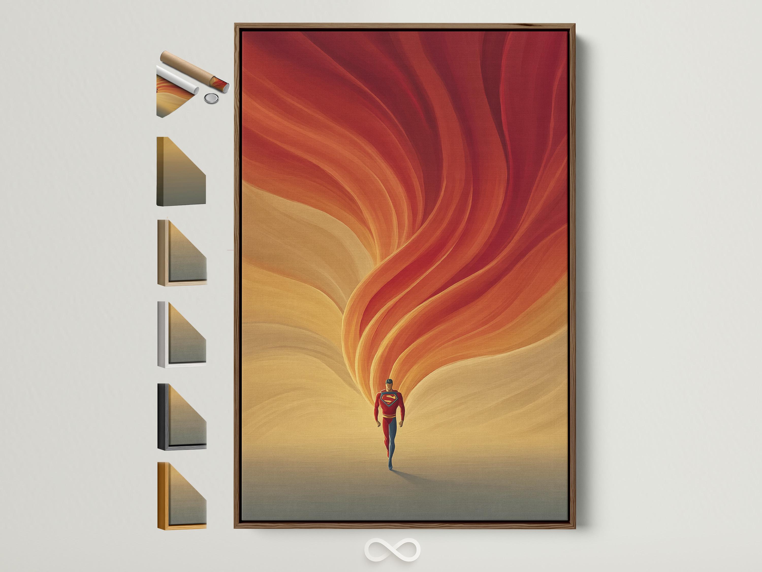 Portrait artwork of a red and blue superhero under warm orange and red energy swirls