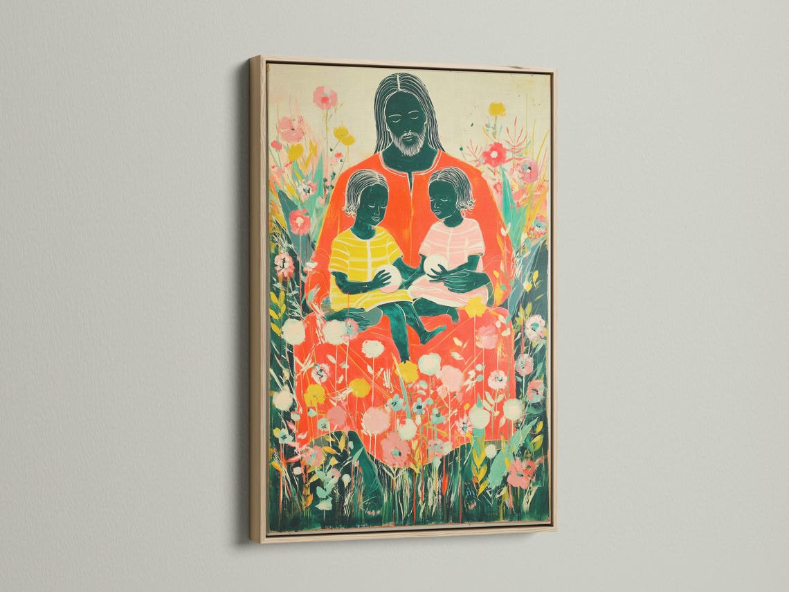 Stylised adult figure holding two children amid dense green foliage and pink, peach and white blossoms detail view