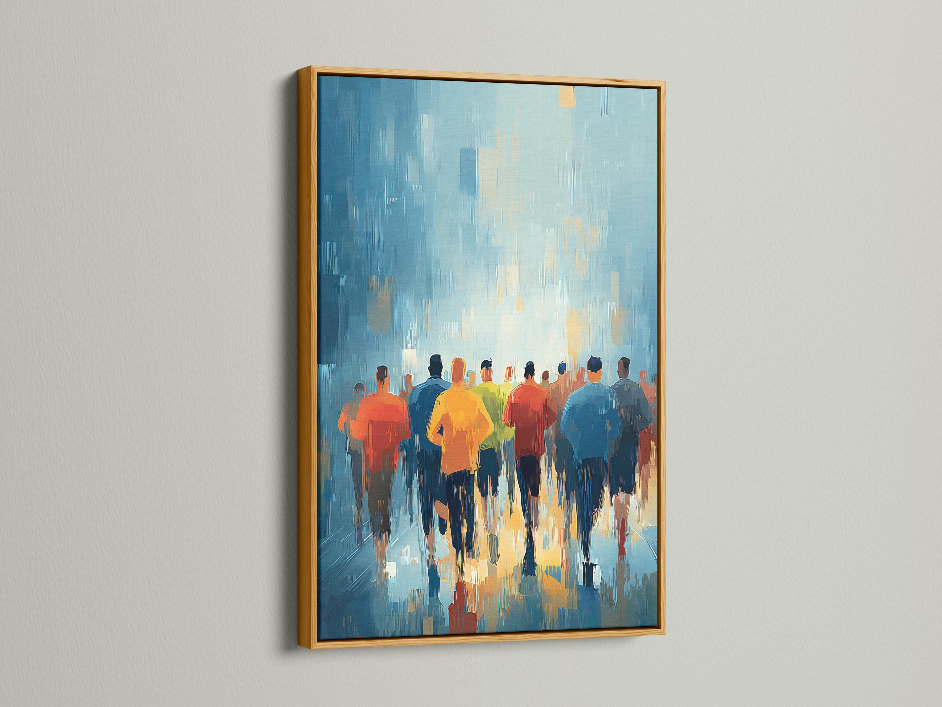 Framed artwork mockup showing stylised runners on a blue city-like background