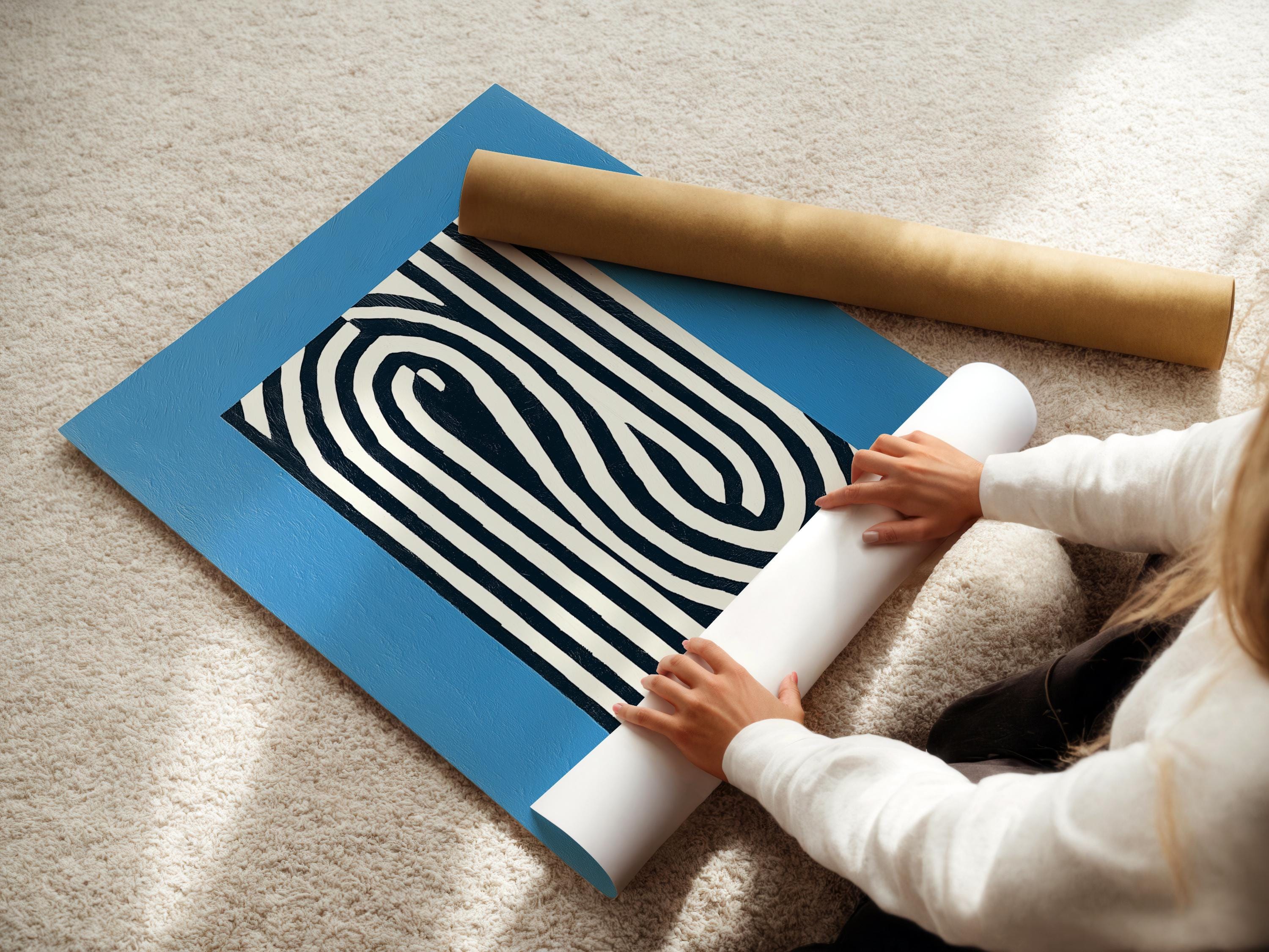 Abstract blue artwork with black and white vertical stripes and curved concentric lines detail view