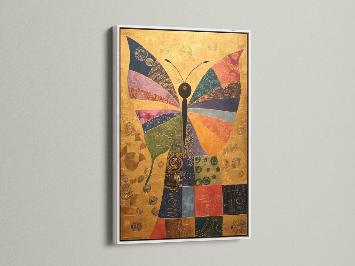 Geometric butterfly artwork with gold background and multicolour swirl-patterned wings detail view