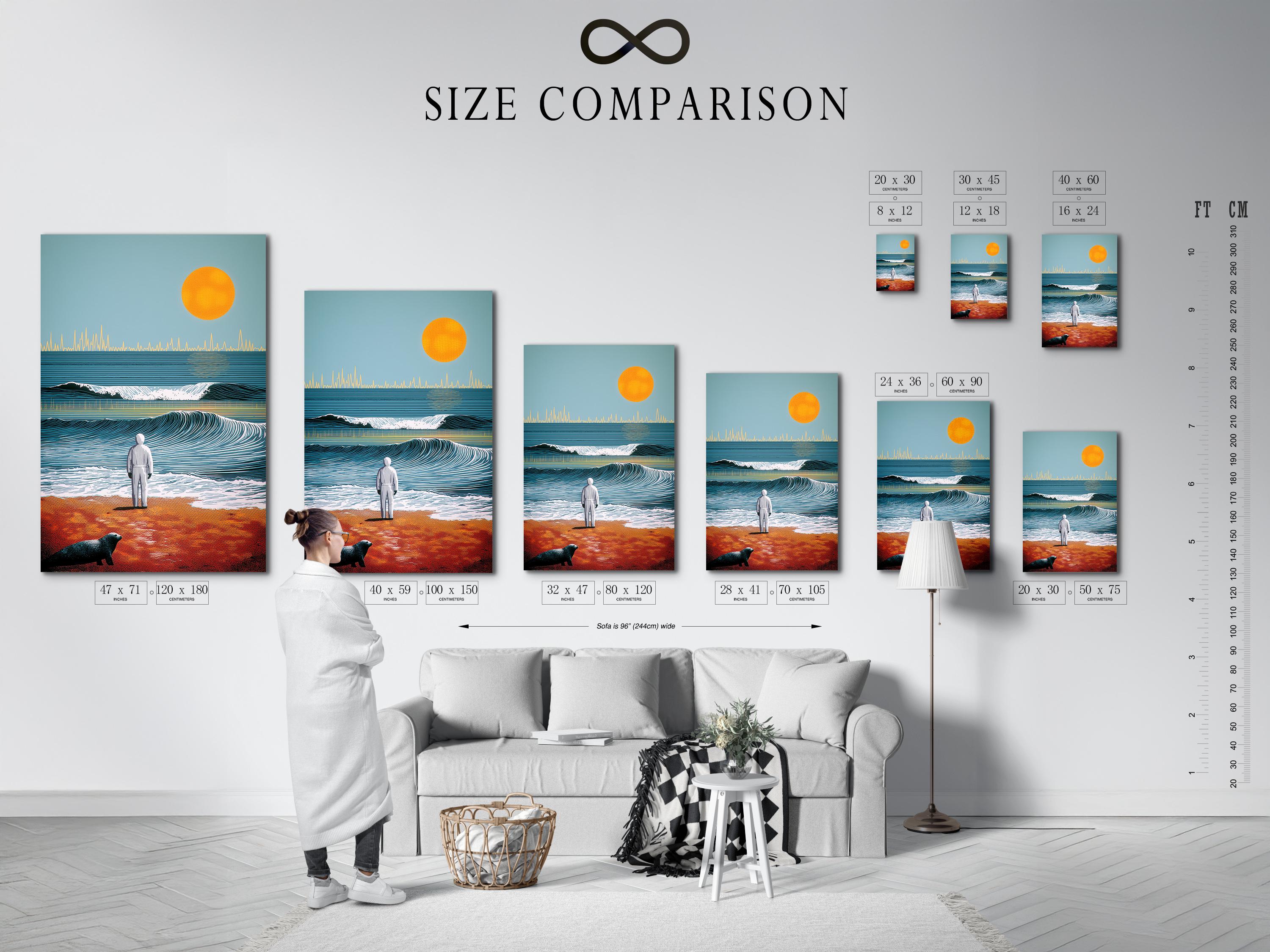 Stylised seascape with teal ocean waves, an orange sun, a beach figure, and a dark animal silhouette detail view
