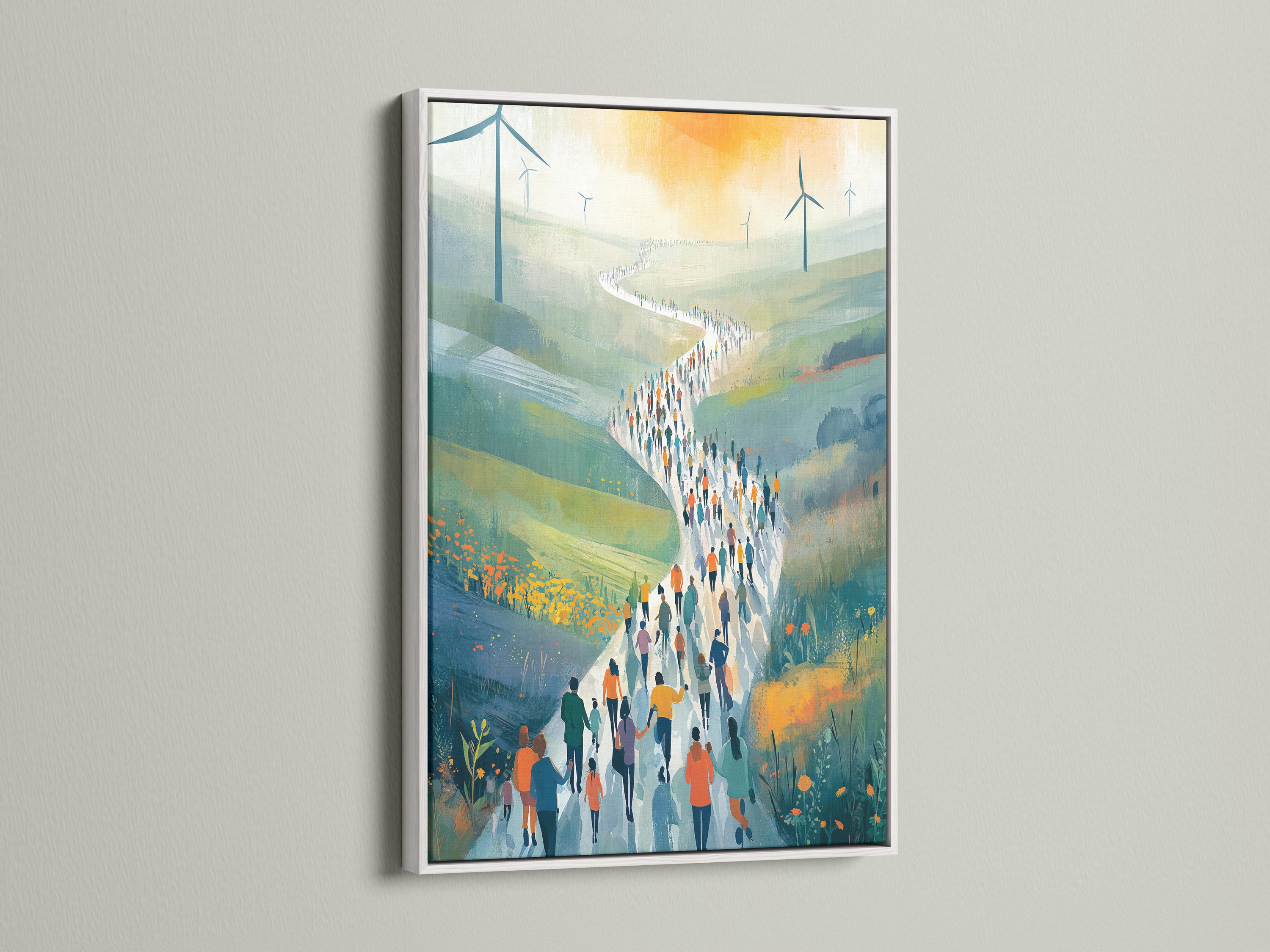 Wind turbine landscape with a walking crowd along a winding path through blue-green hills detail view