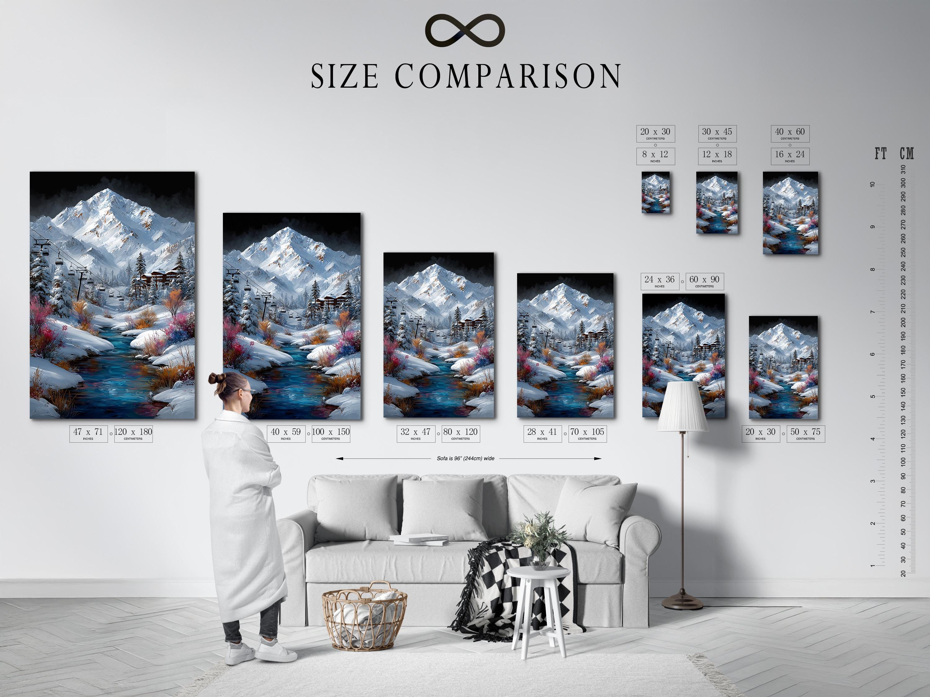 Room mockup featuring a framed snowy mountain landscape with ski lift gondolas
