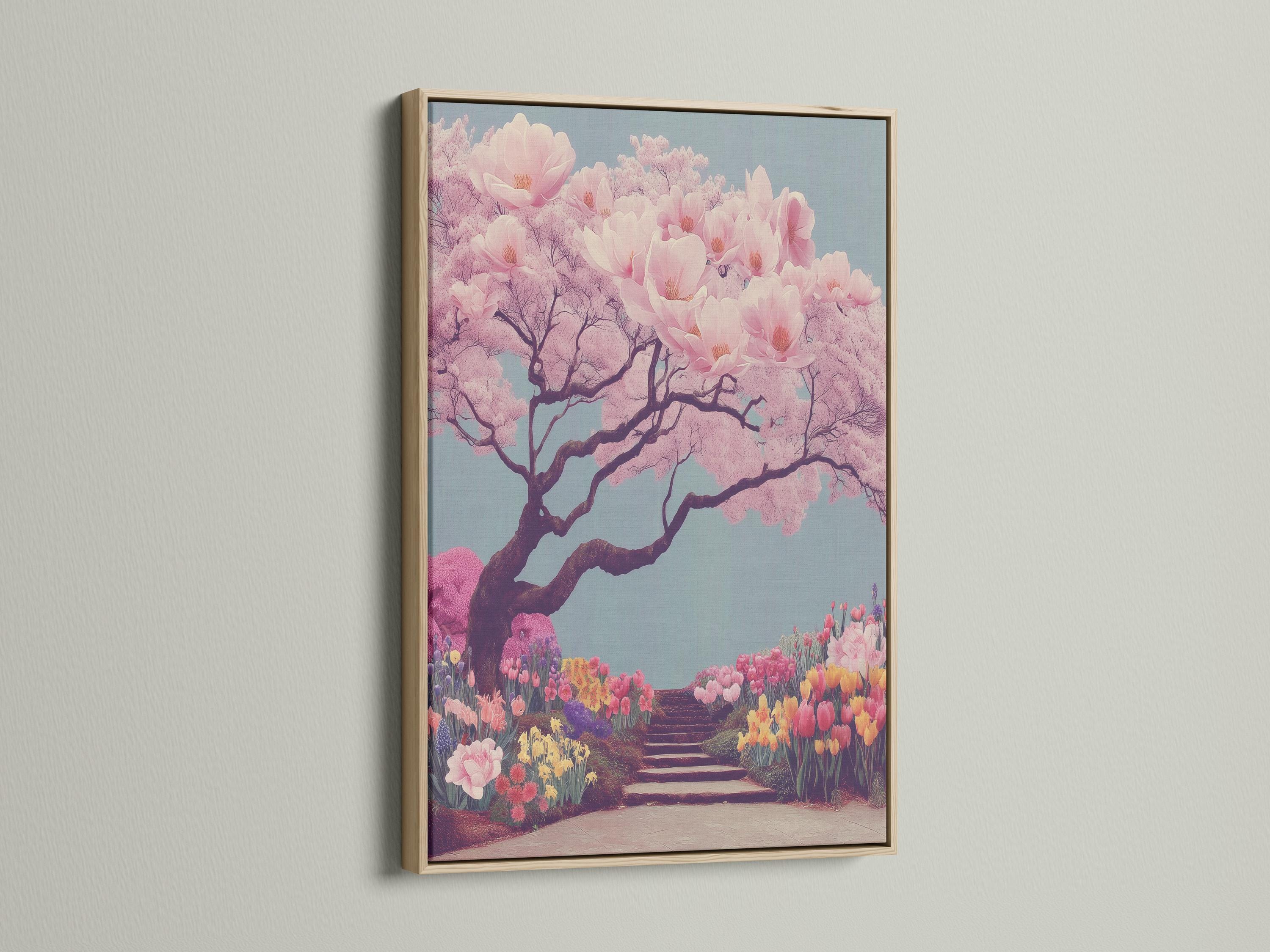 Cherry blossom tree illustration with pale pink blossoms and a winding flower-lined path detail view
