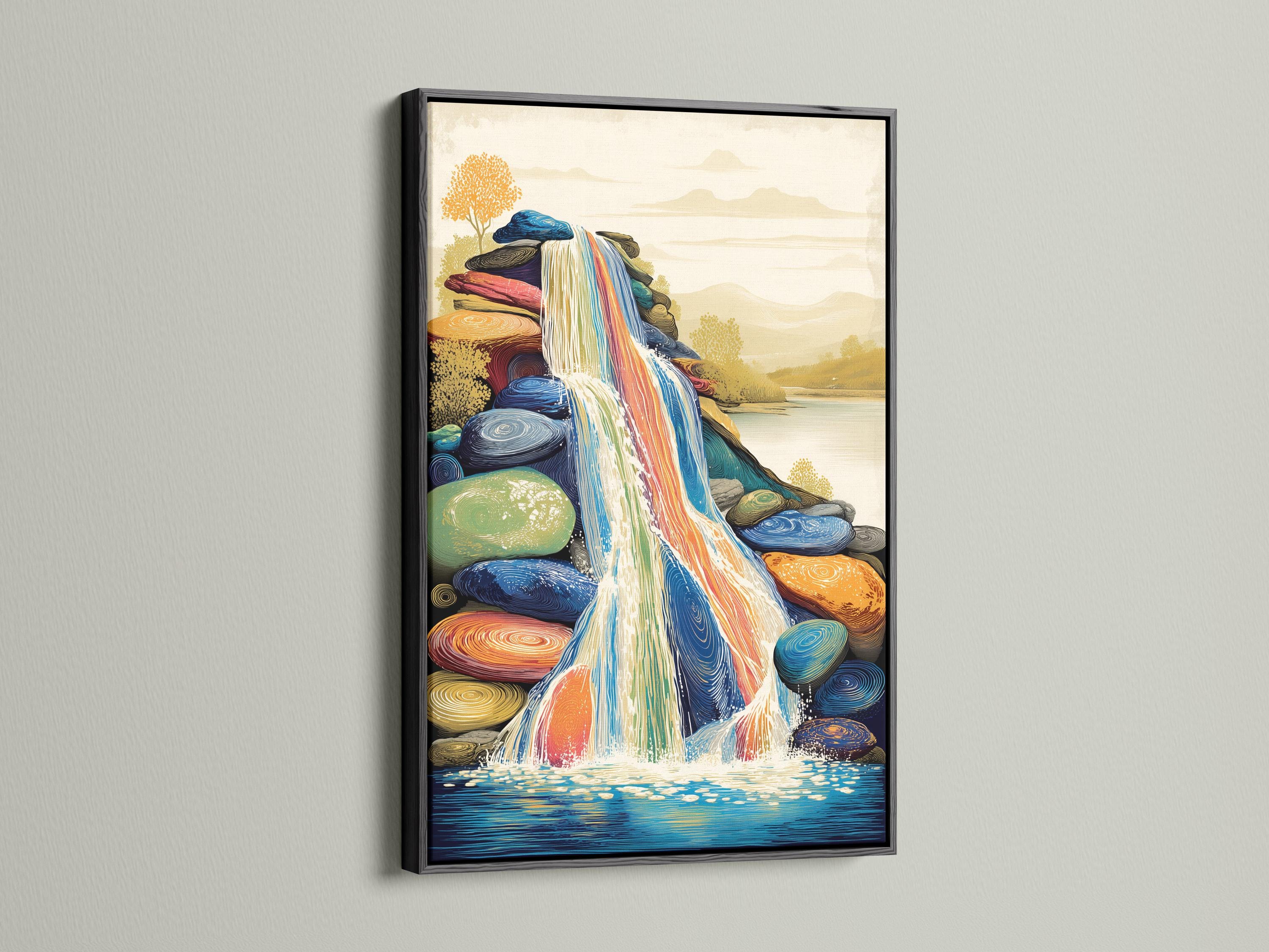 Room mockup showing a framed waterfall artwork with blue and gold colours