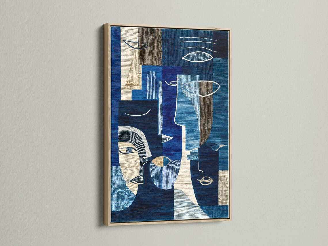 Indigo abstract faces artwork with navy, cream and gold geometric line patterns detail view