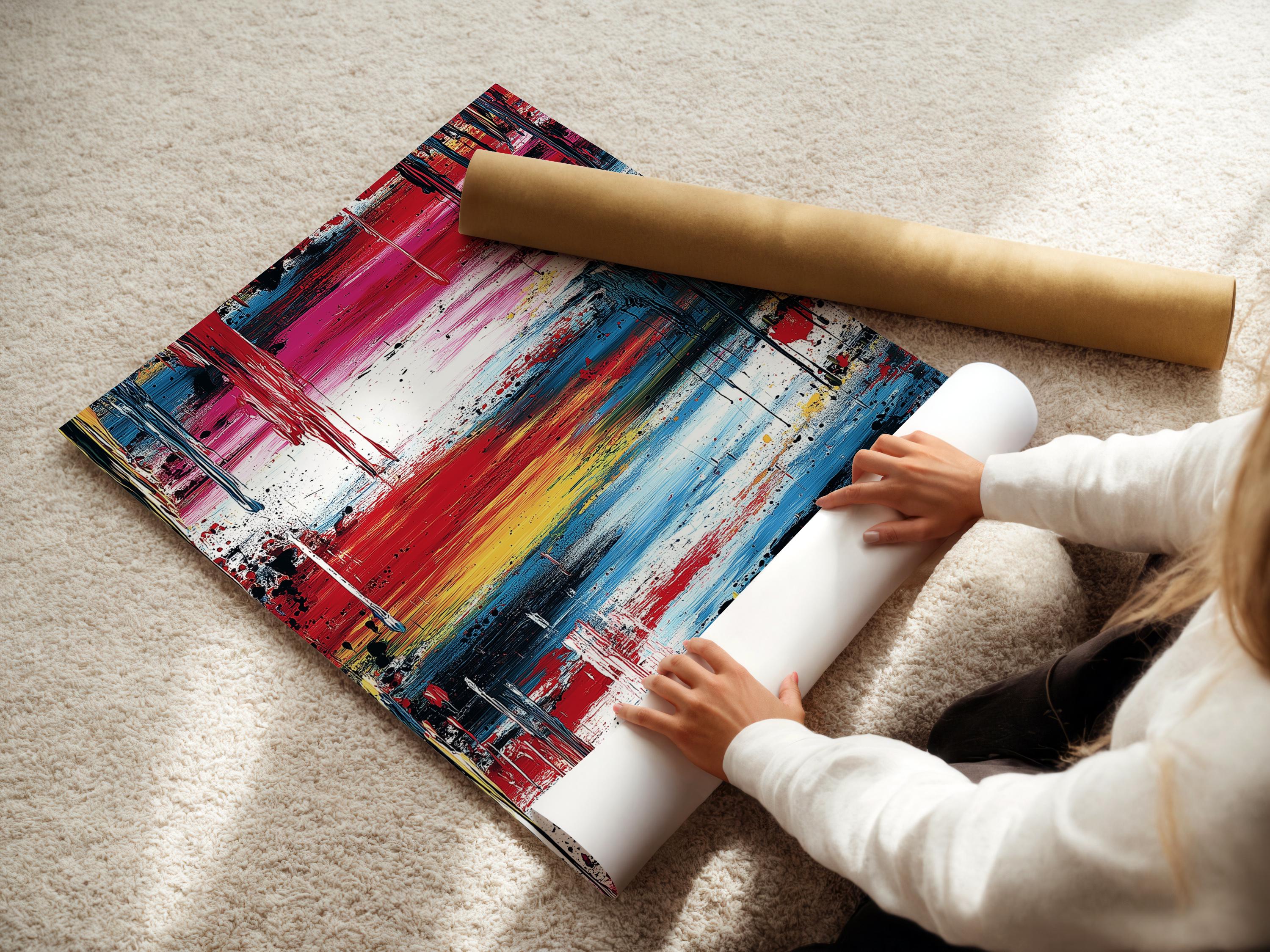 Abstract expressionist painting with red, blue, yellow, white and dark drips detail view