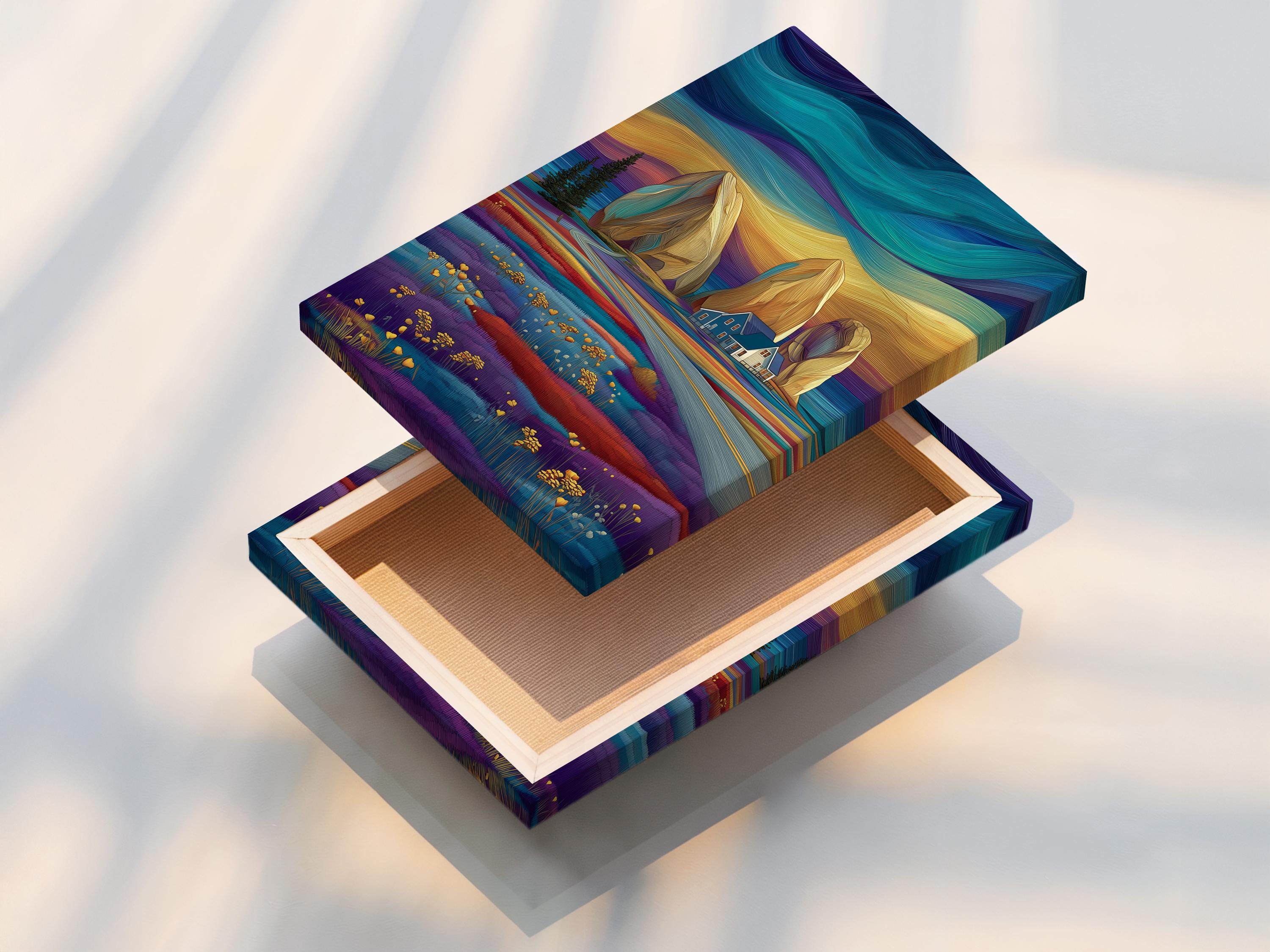 Teal and gold stylised mountain landscape with purple fields, a small house and scattered golden flower heads detail view