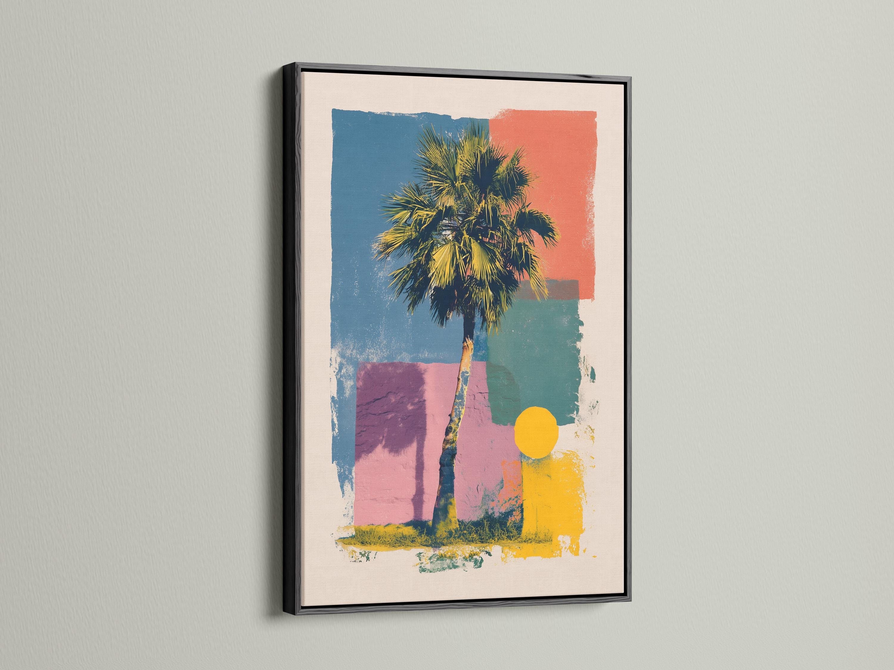 Room mockup showing palm tree pop-art wall artwork with a frame